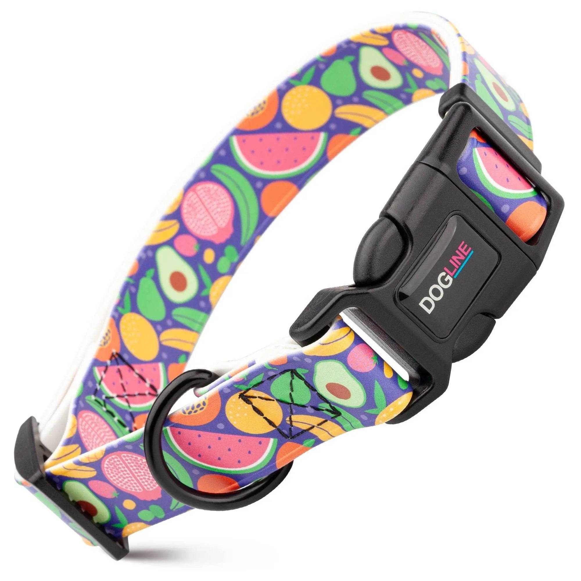 Vibrant purple Dogline Biothane dog collar with fruit print and quick release buckle