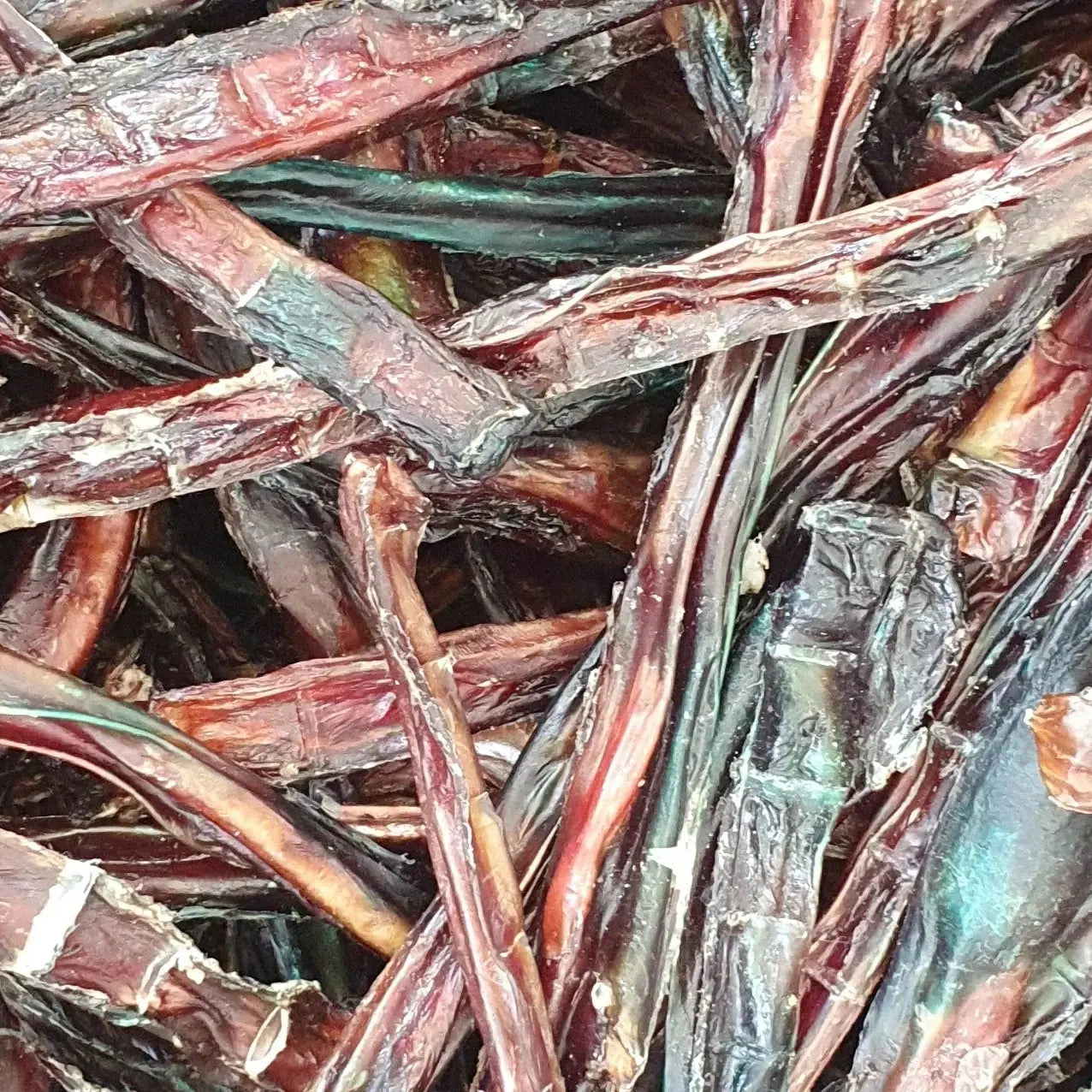 Pile of imperfect color bully sticks, odor-free, USA made, 10-20 inches