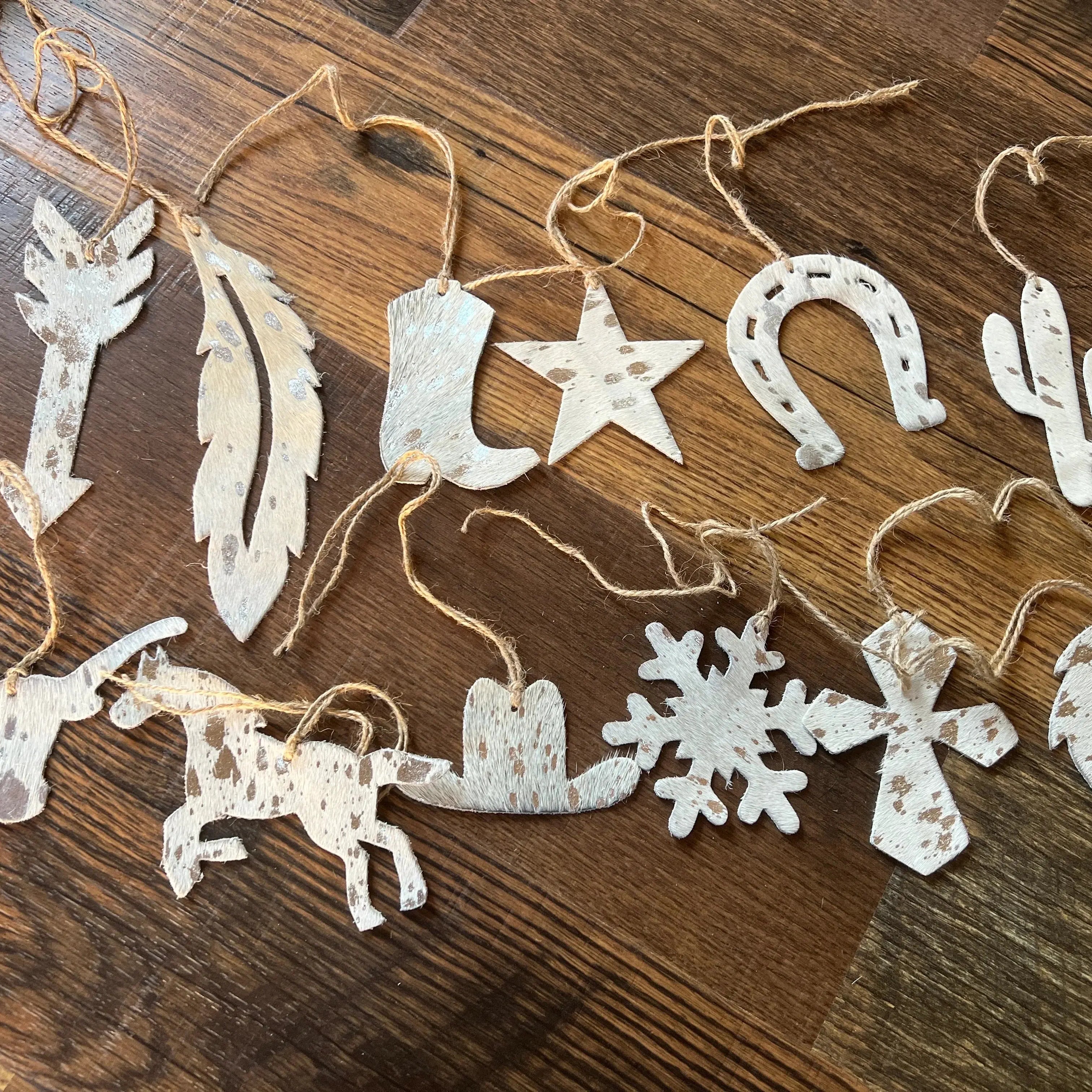 Silver/BROWN ACID WASH Leather Cowhide Christmas Ornament