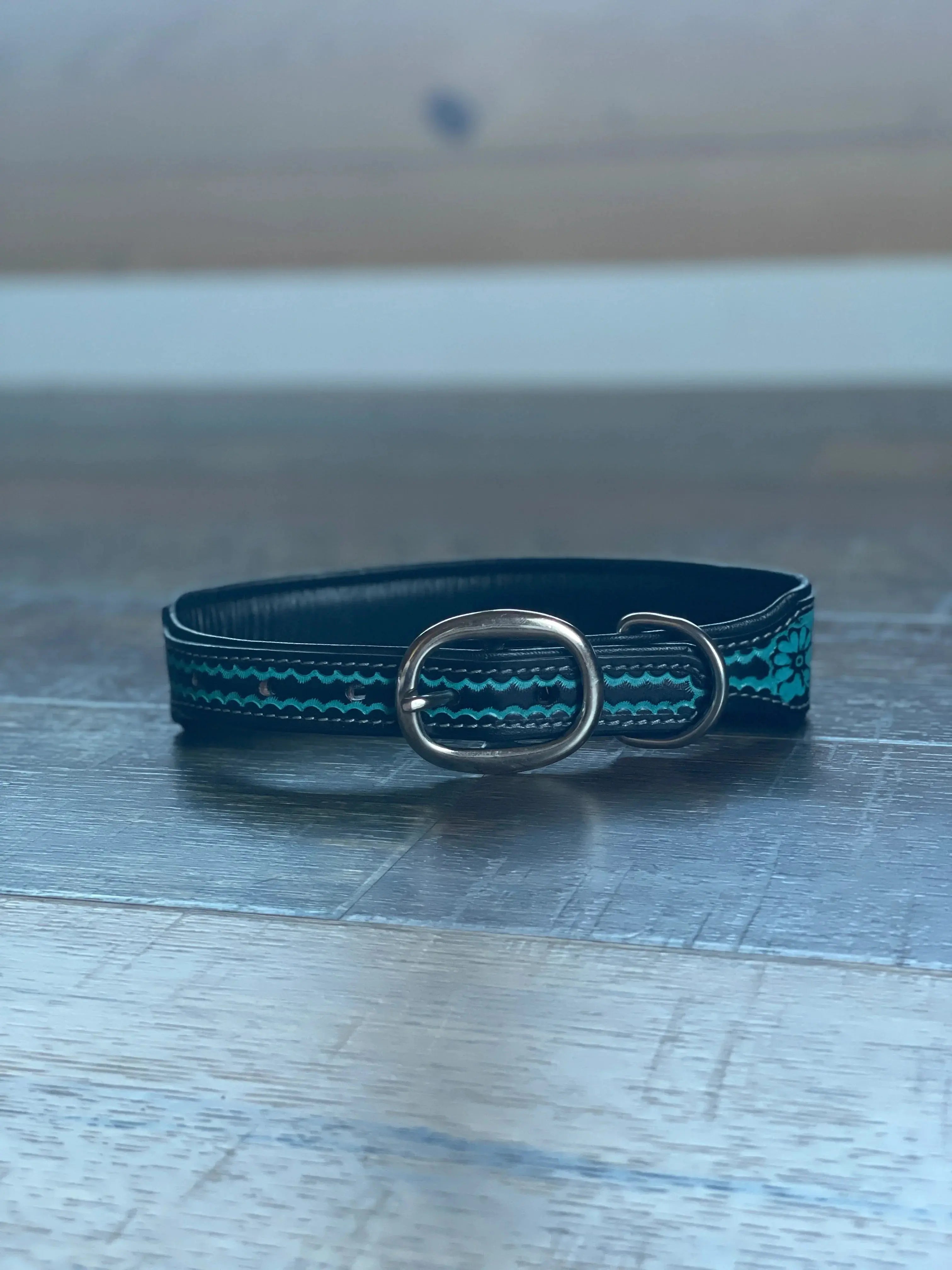 TEAL DAISY HAND-TOOLED PADDED LEATHER DOG COLLAR Dog