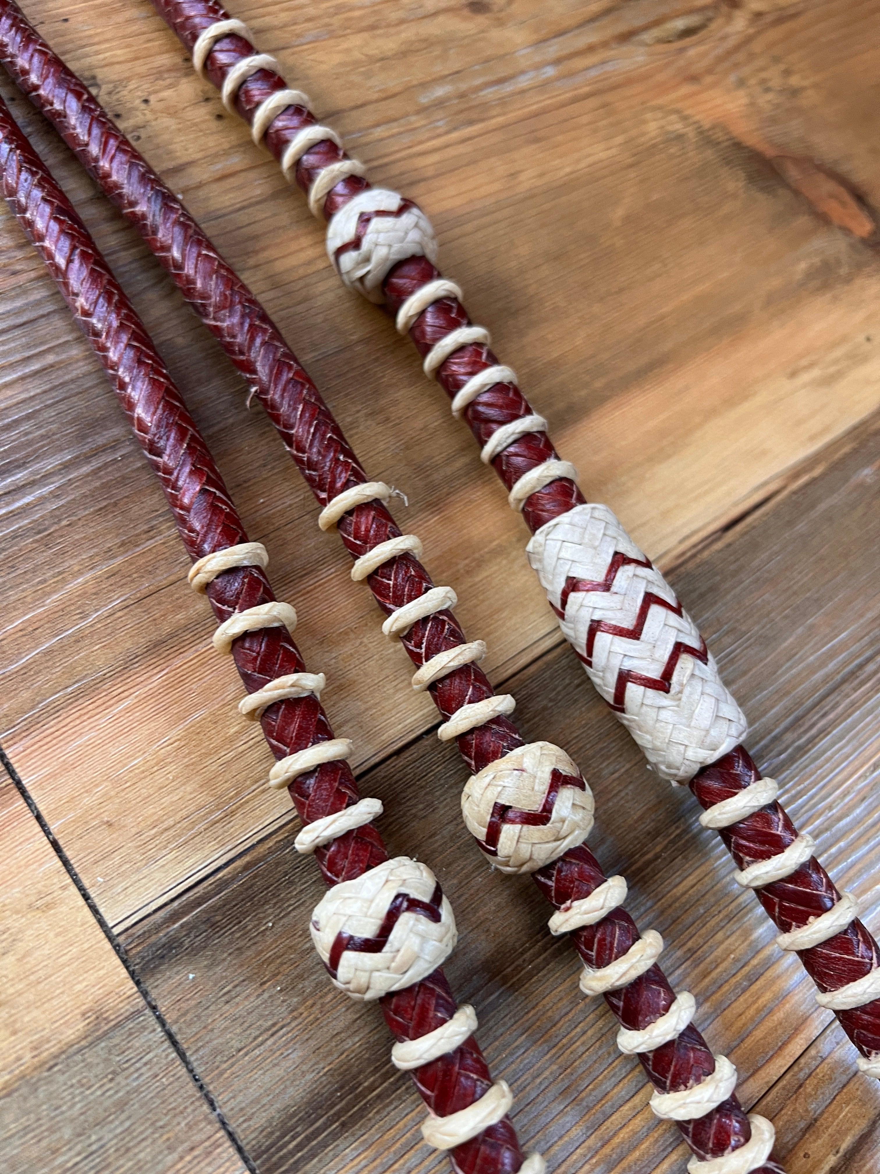 Red cream braided leather whip with zigzag beaded romal reins 55 inches