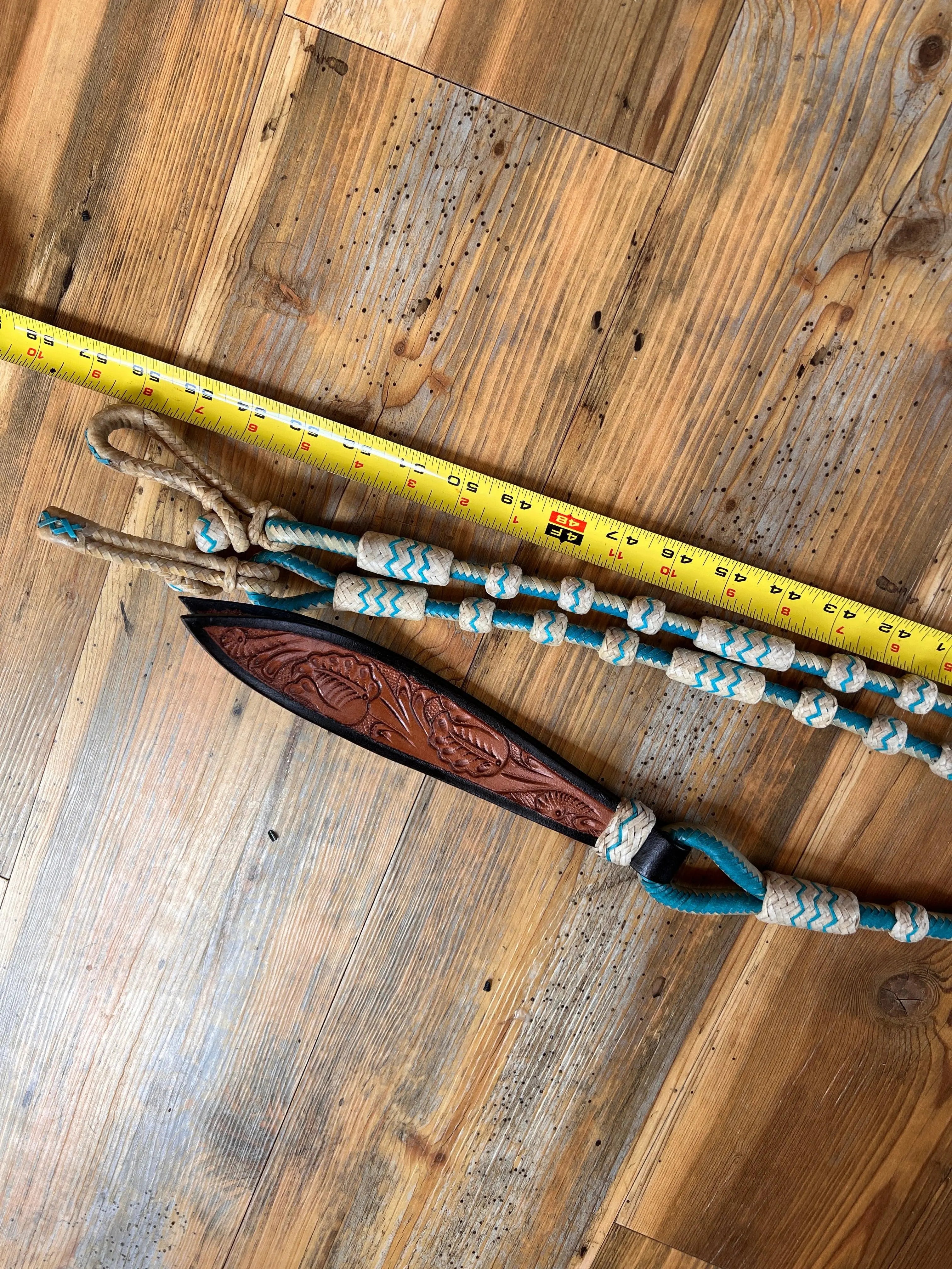 Romal Reins Natural and Turquoise Rawhide 20 Plaits Romal Reins