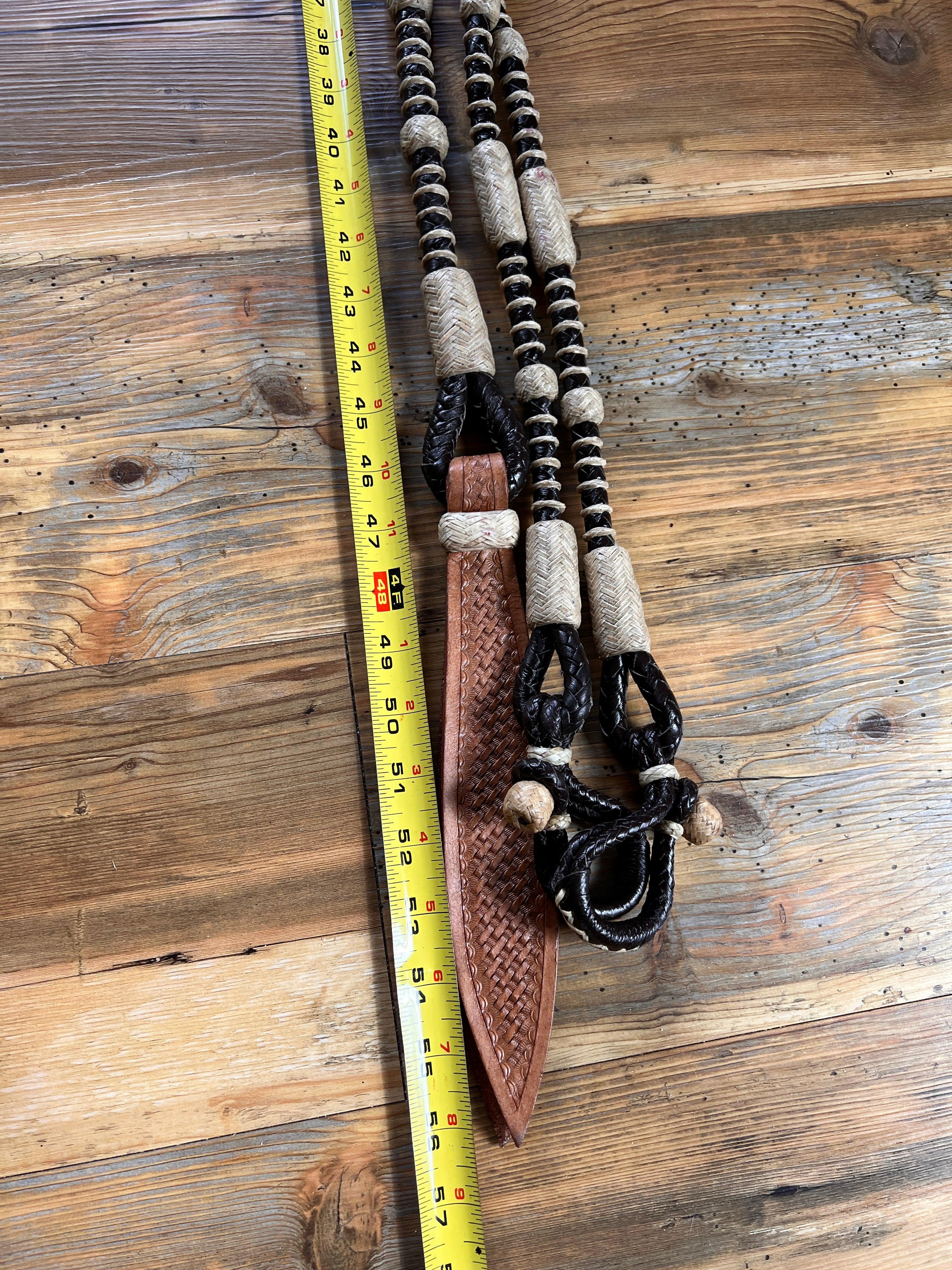 Black and tan braided leather Romal reins 55in with 10 plaits