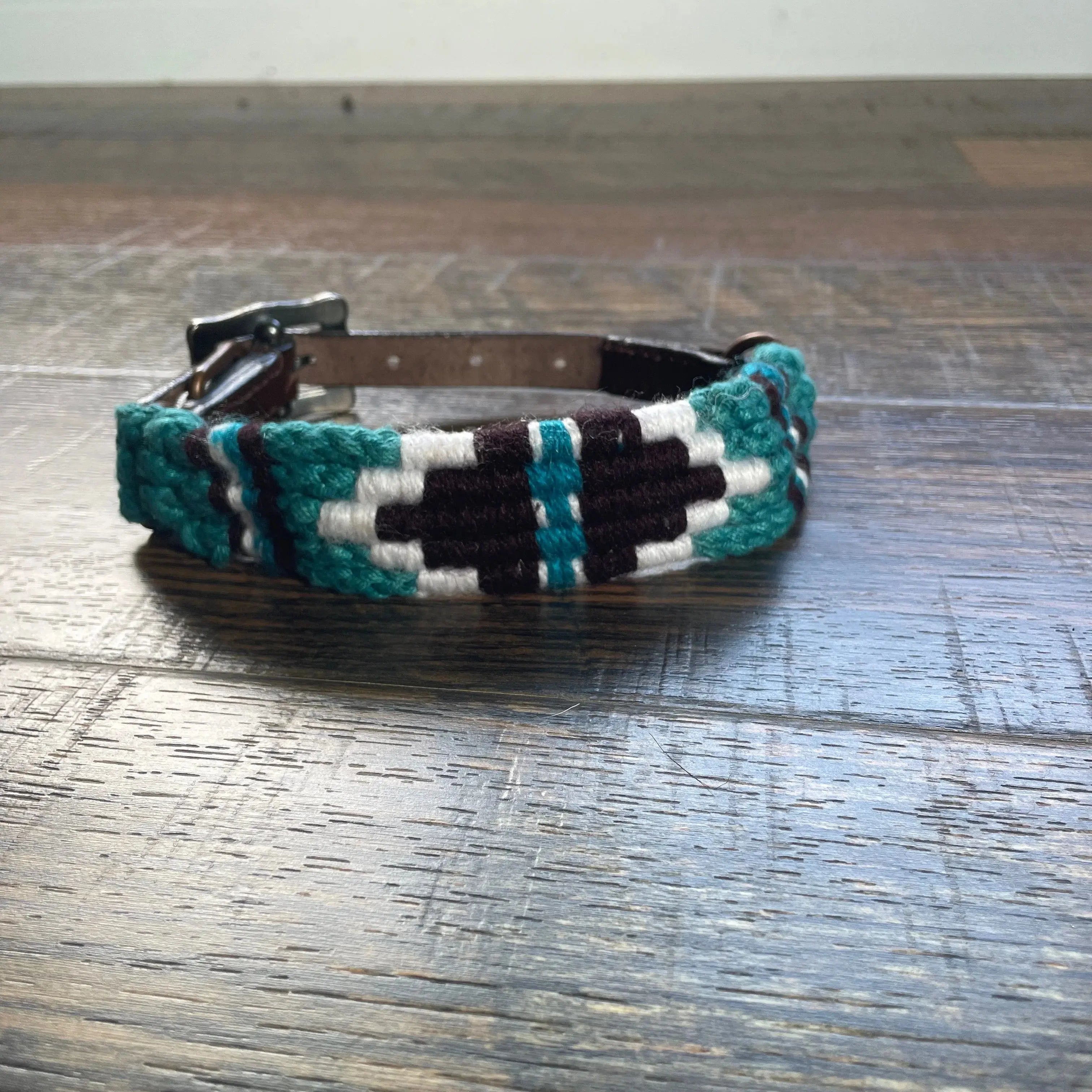 Corded Leather Dog Collar - Teal/White Dog