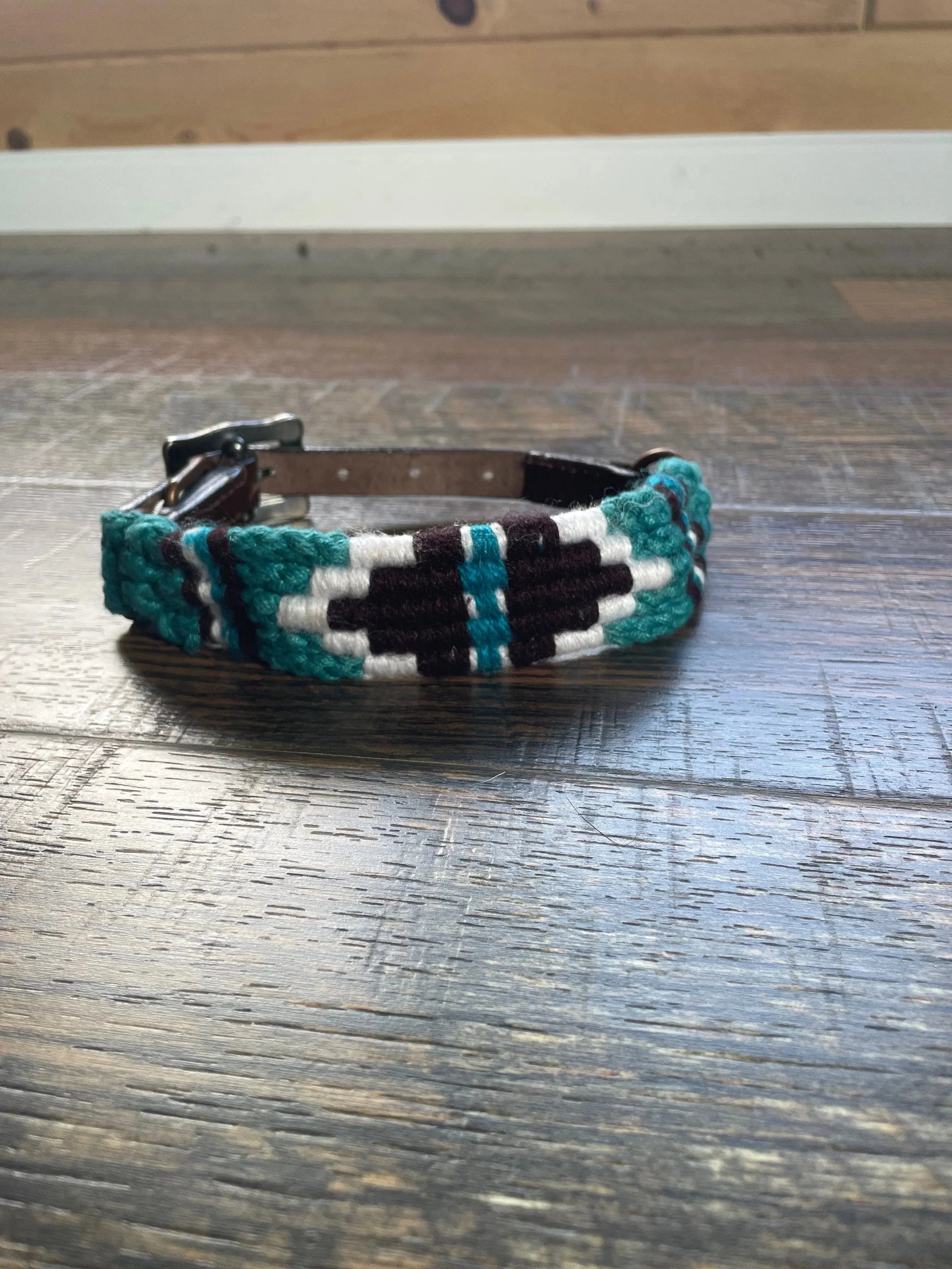Corded Leather Dog Collar - Teal/White Dog