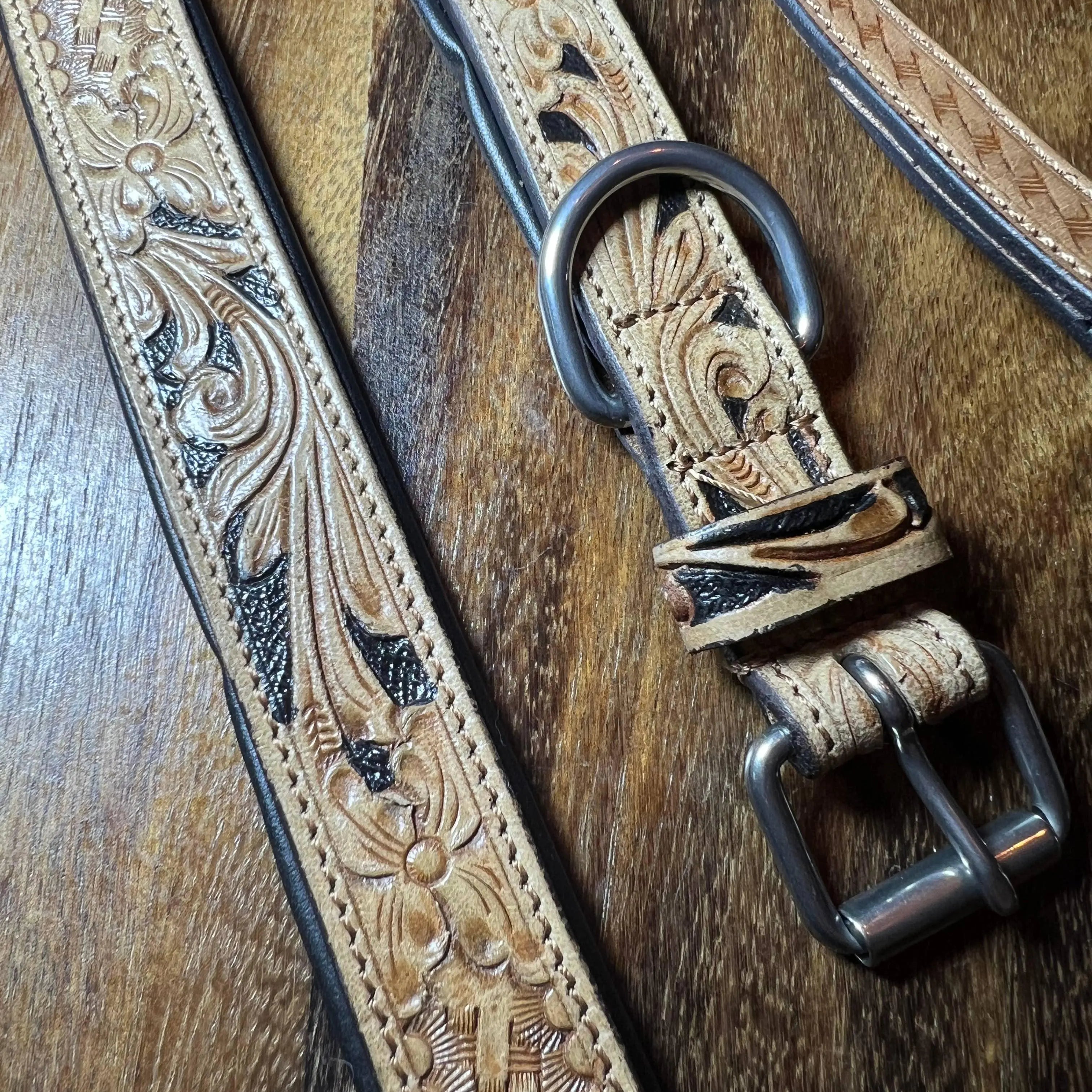 BISBEE Tooled Leather Basket stamp western dog collar Dog