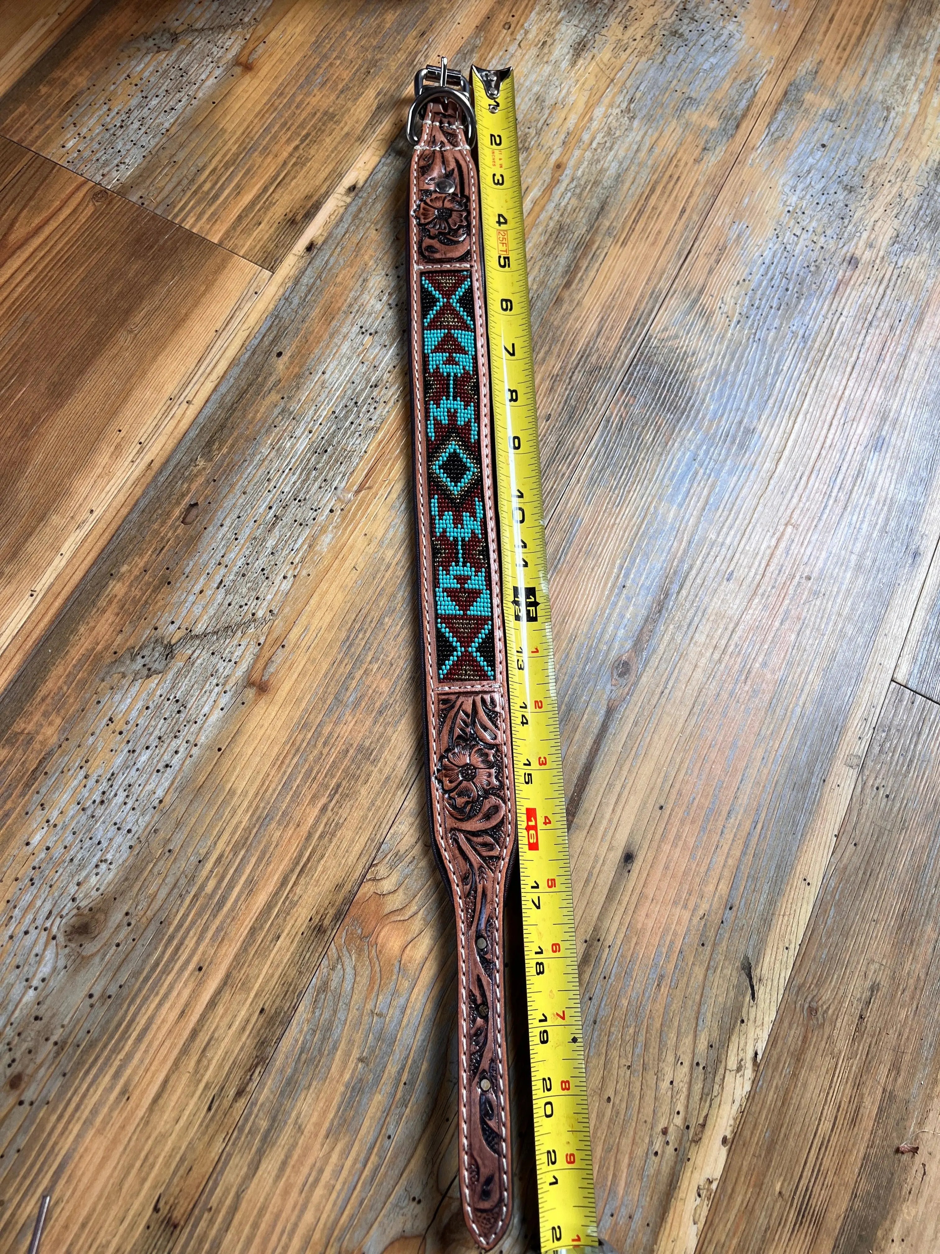 Turquoise and red Aztec tooled leather dog collar