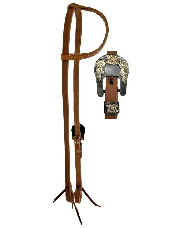 Argentina Cow Leather One Ear Headstall with Floral Overlayed Buckle Horse