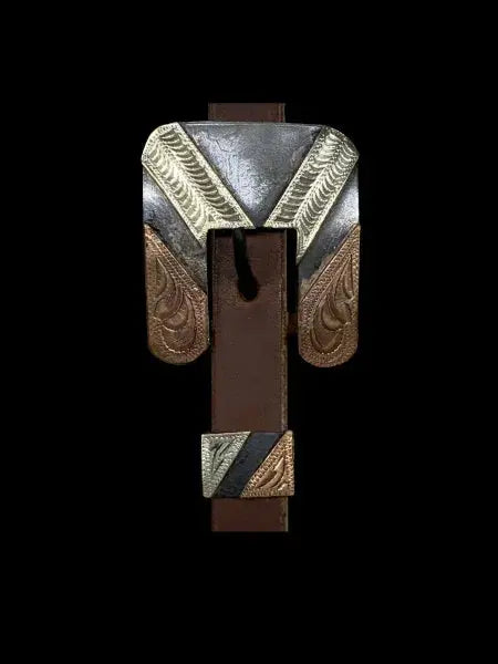 Argentina Cow Leather One Ear Headstall with Silver and Copper Engraved Overlayed Buckle Horse