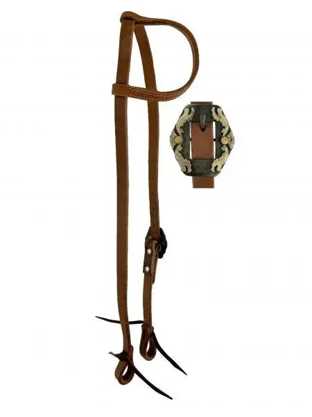 Argentina Cow Leather One Ear Headstall with Silver and Copper Engraved Overlayed Buckle Horse