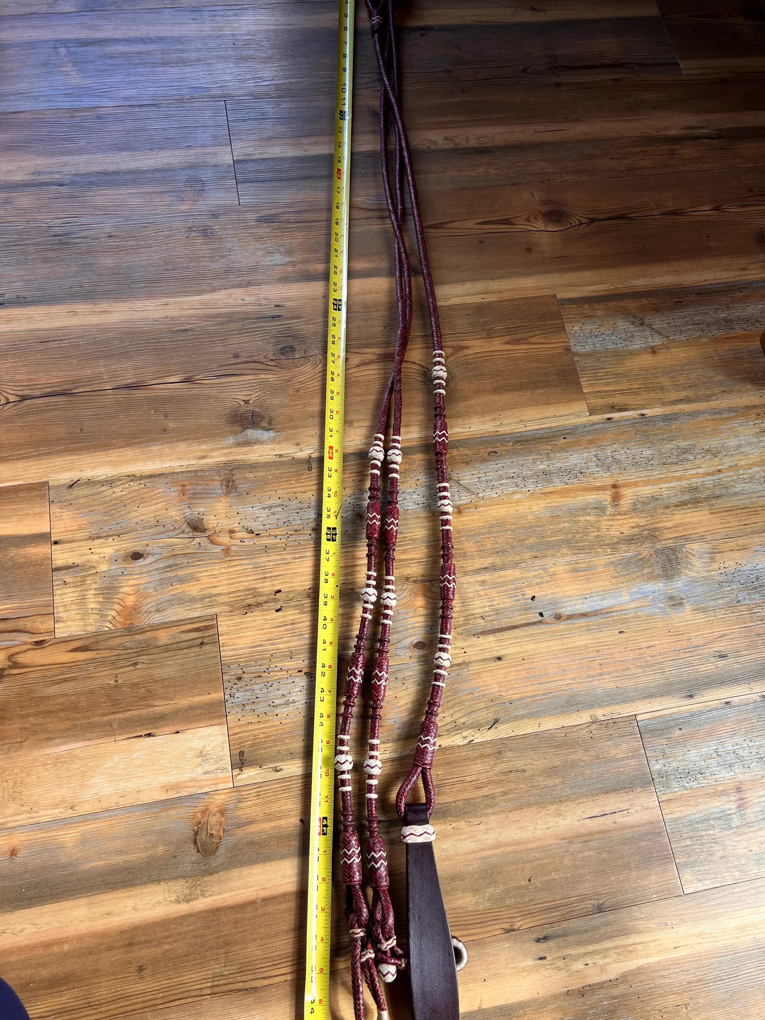 Hand Braided Romal Reins, 20 Plaits Romal Reins, Romal Reins Cherry Red Cow Rawhide.