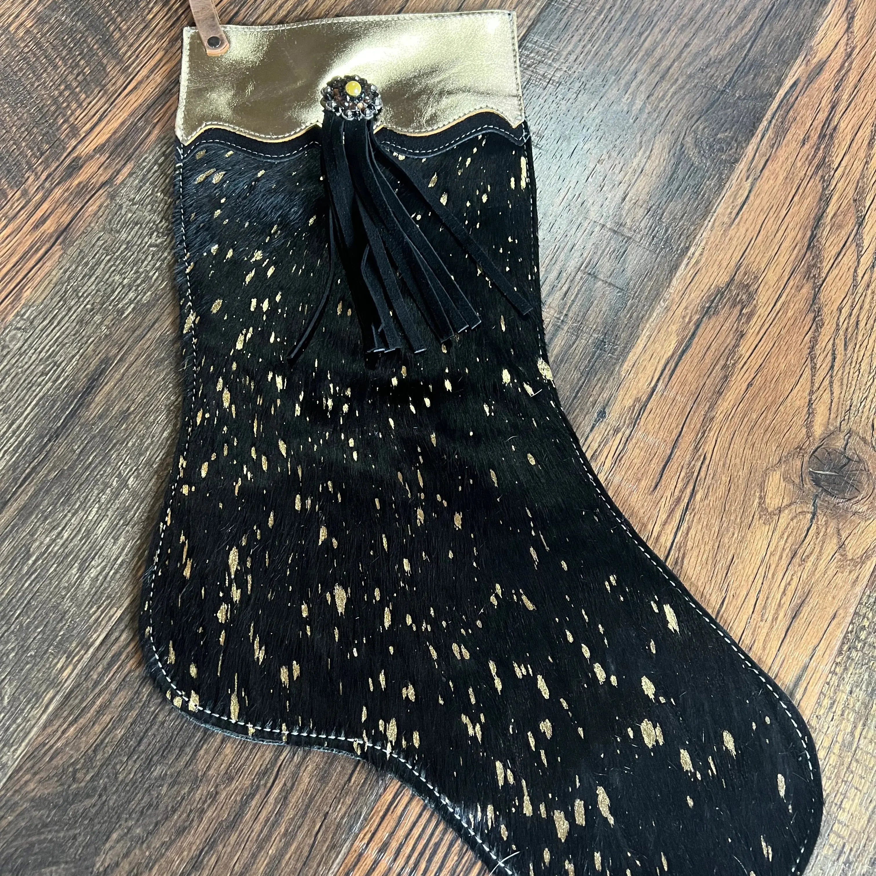 Gold Acid Wash Cowhide Leather Christmas Stocking
