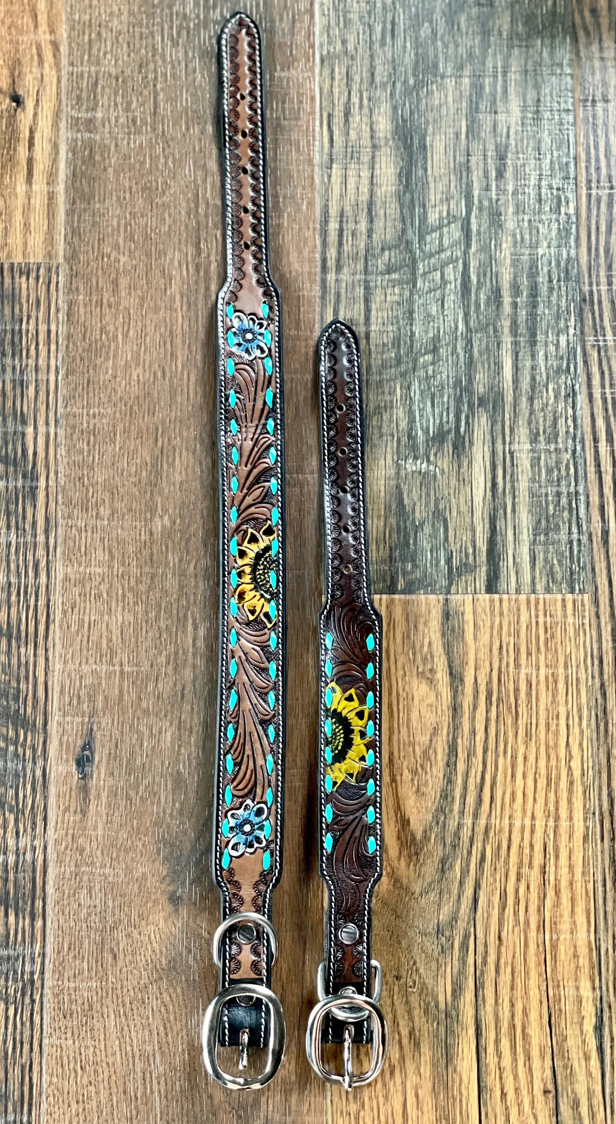 SCENIC SUNFLOWER HAND-TOOLED PADDED LEATHER DOG COLLAR Dog