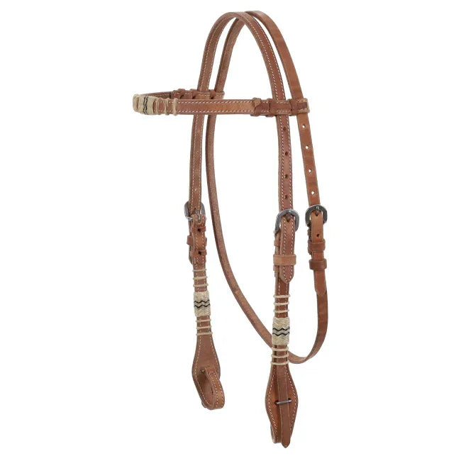 Brown leather browband headstall with rawhide accents, silver hardware