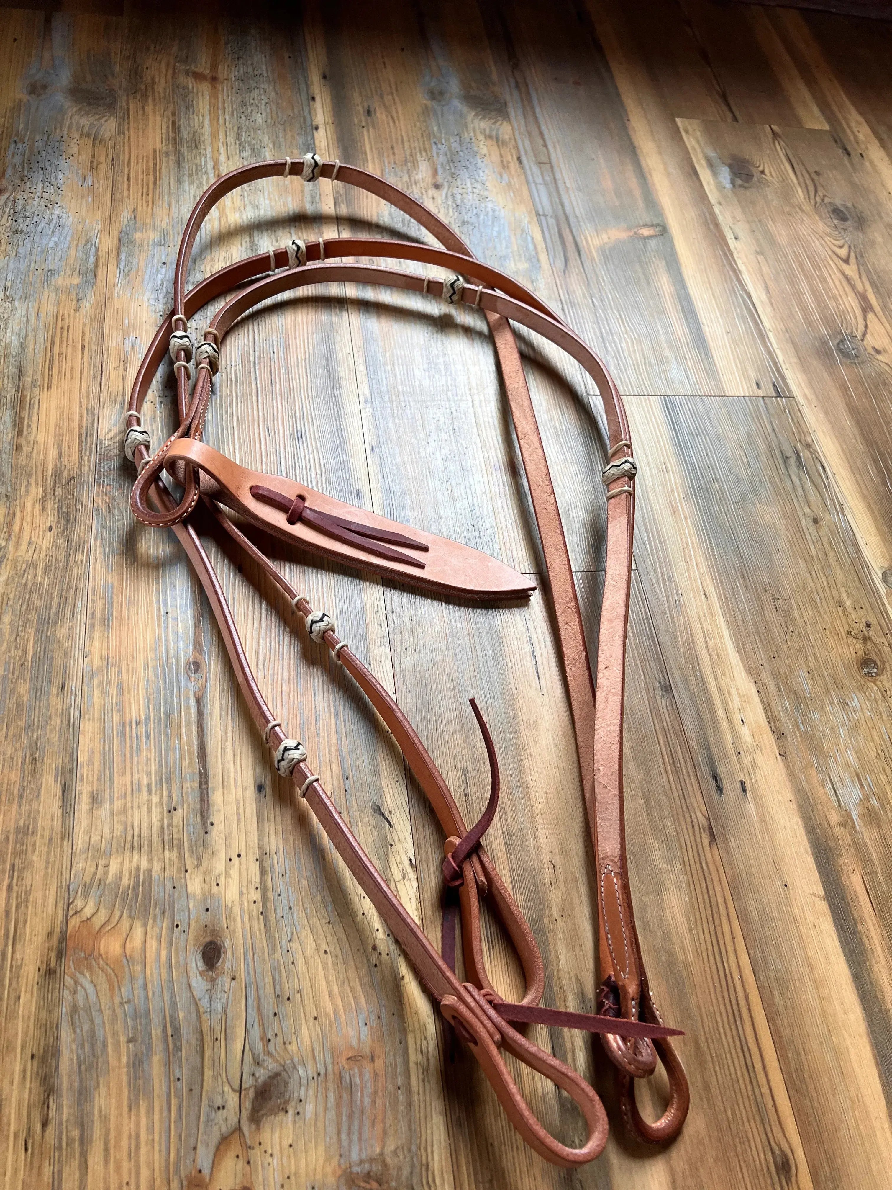 Tan leather horse halter with silver hardware and stitching for 8 Flat Leather Romal Reins