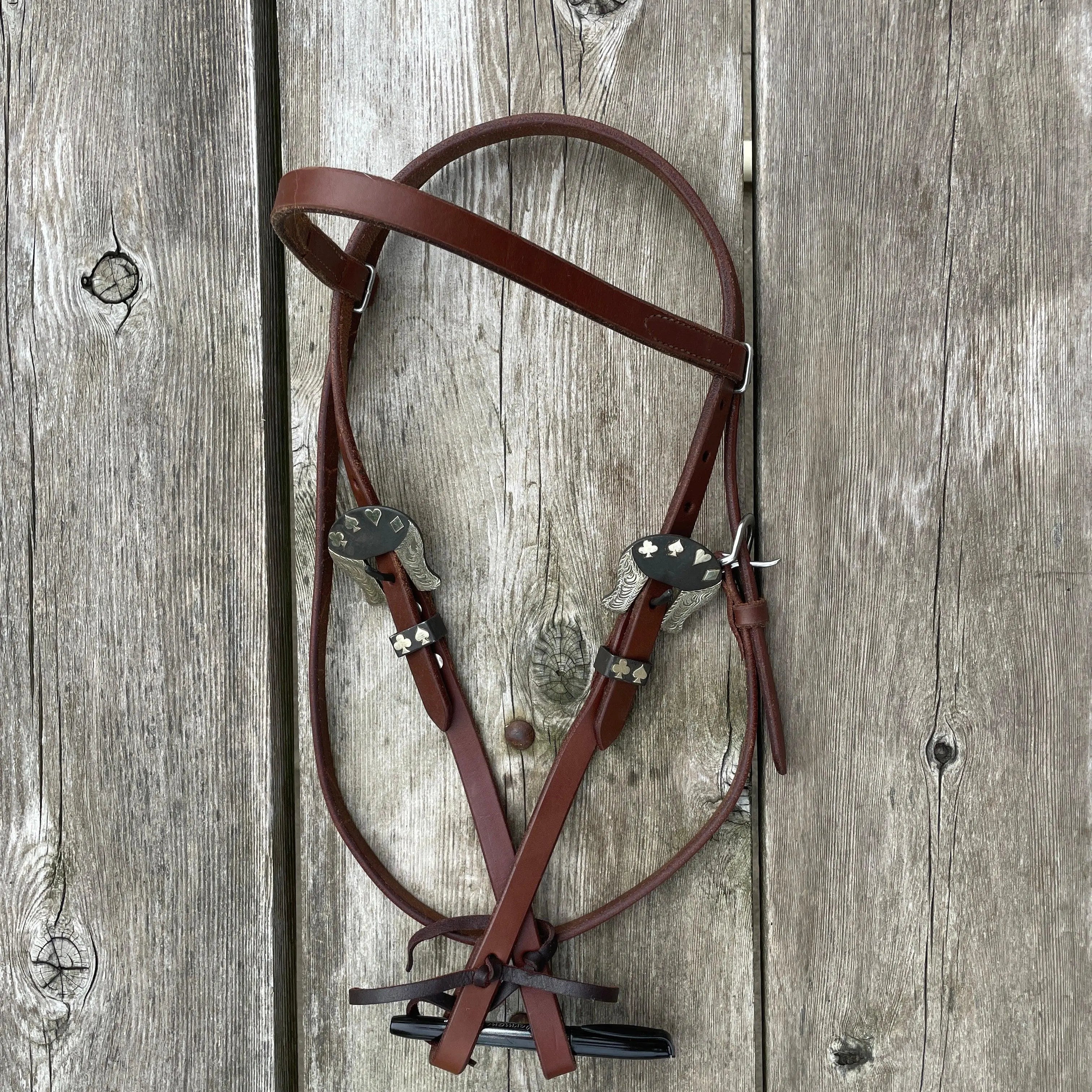 Oiled Harness Browband Headstall With Cowboy Gambler Buckle Horse