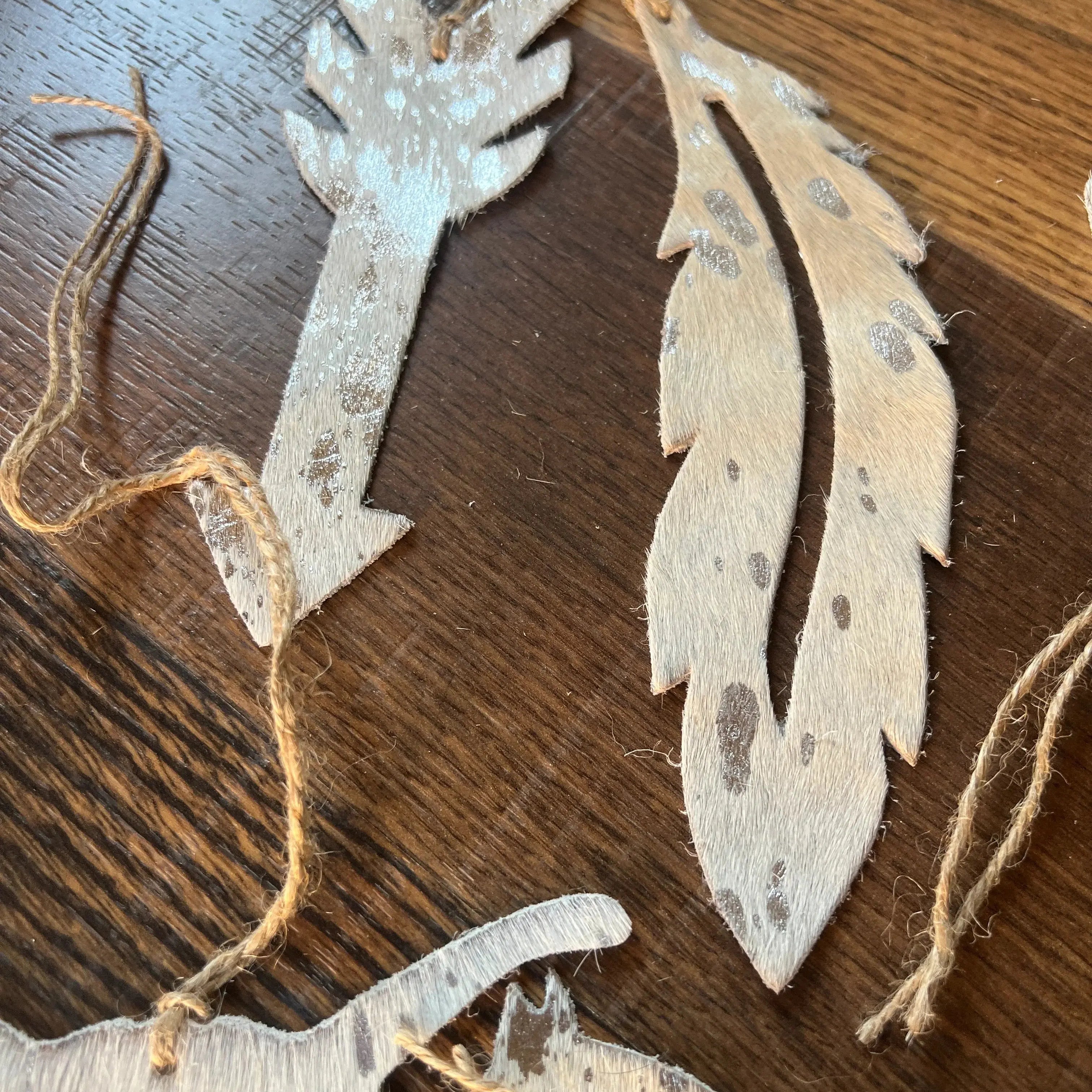 Silver/BROWN ACID WASH Leather Cowhide Christmas Ornament