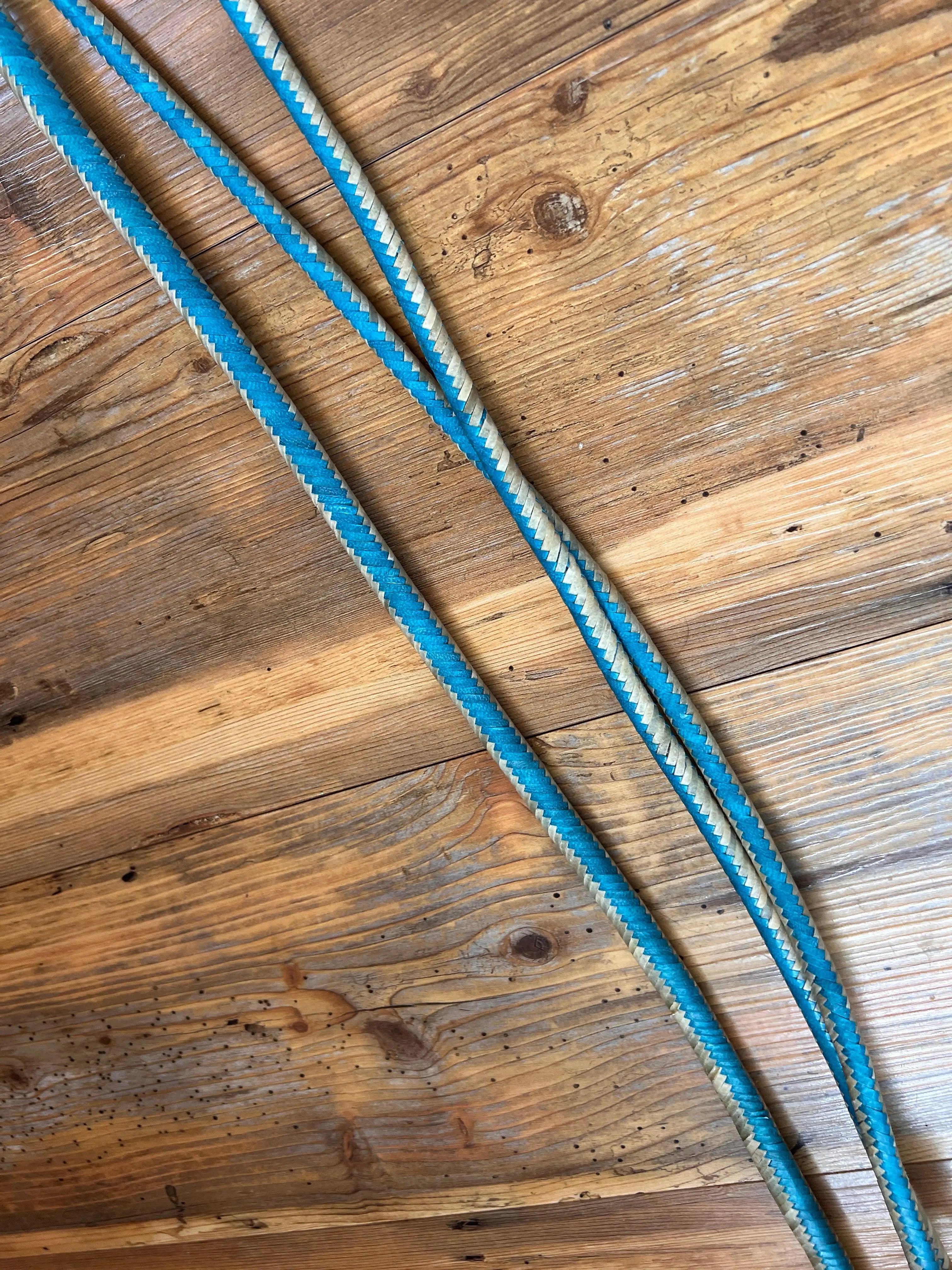 Romal Reins Natural and Turquoise Rawhide 20 Plaits Romal Reins close up