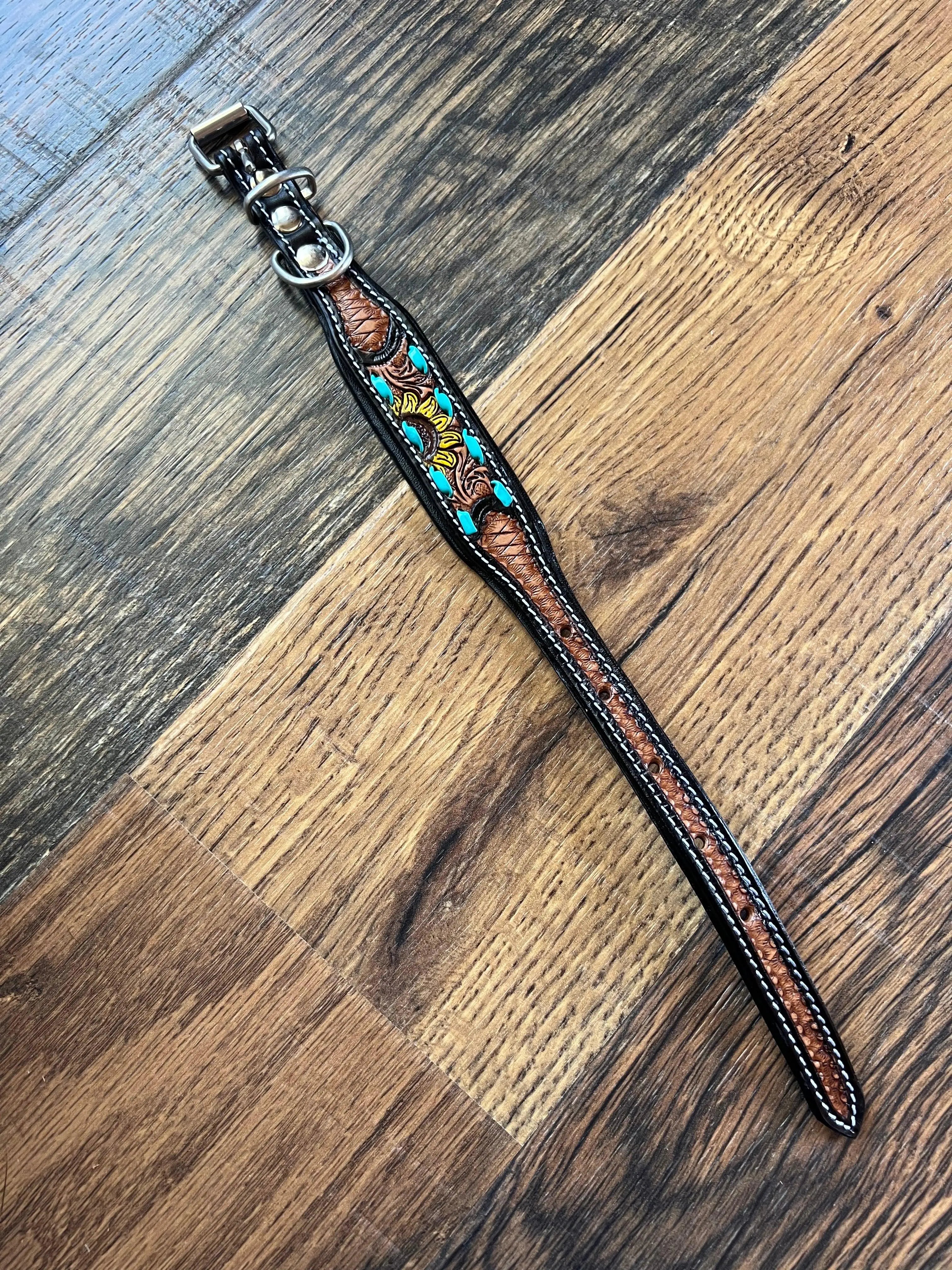 Handcrafted Padded Leather Tooled Sunny Dog Collar Sunflower with Teal Stitching Dog