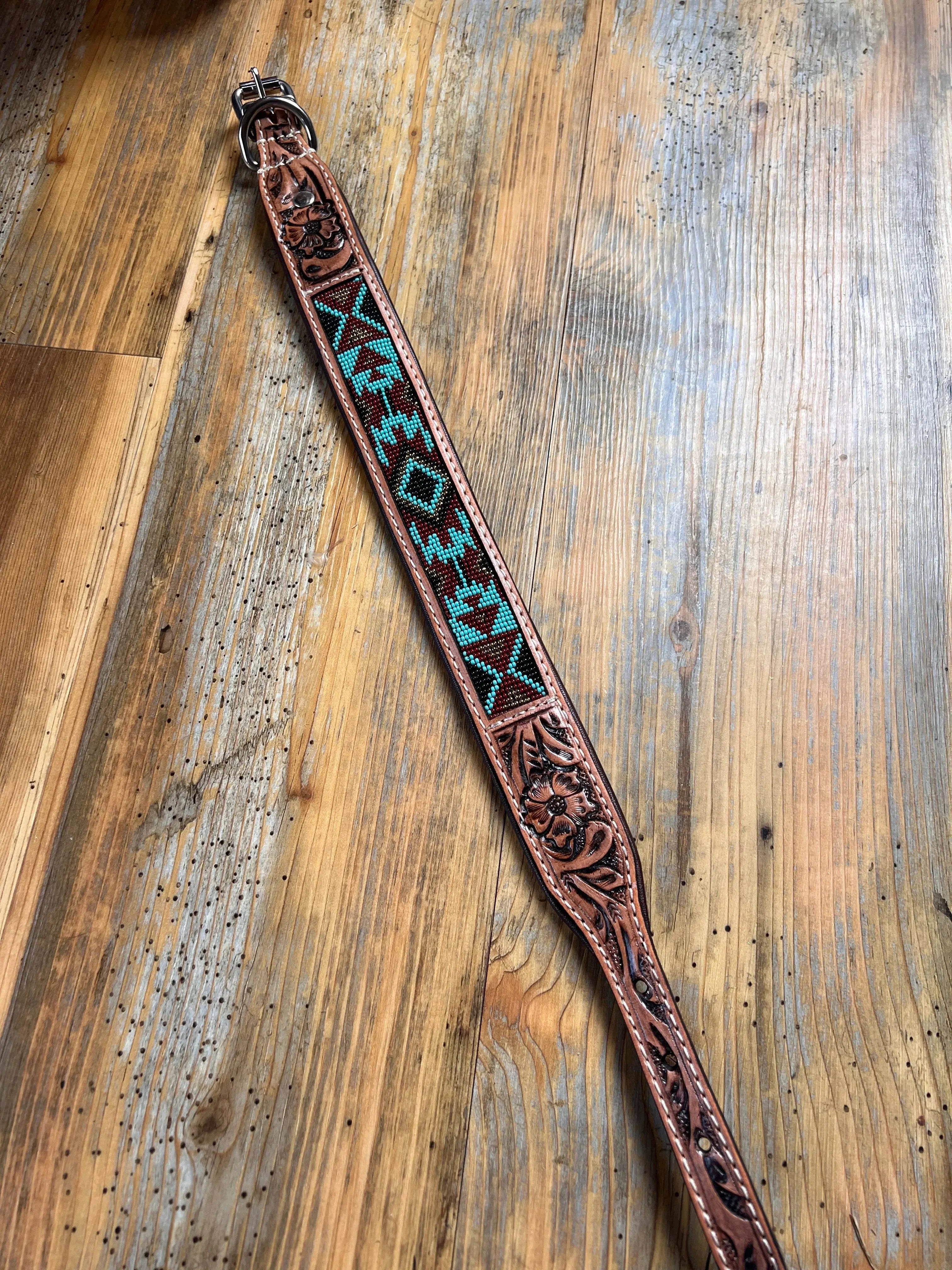 Turquoise and red Aztec tooled leather dog collar