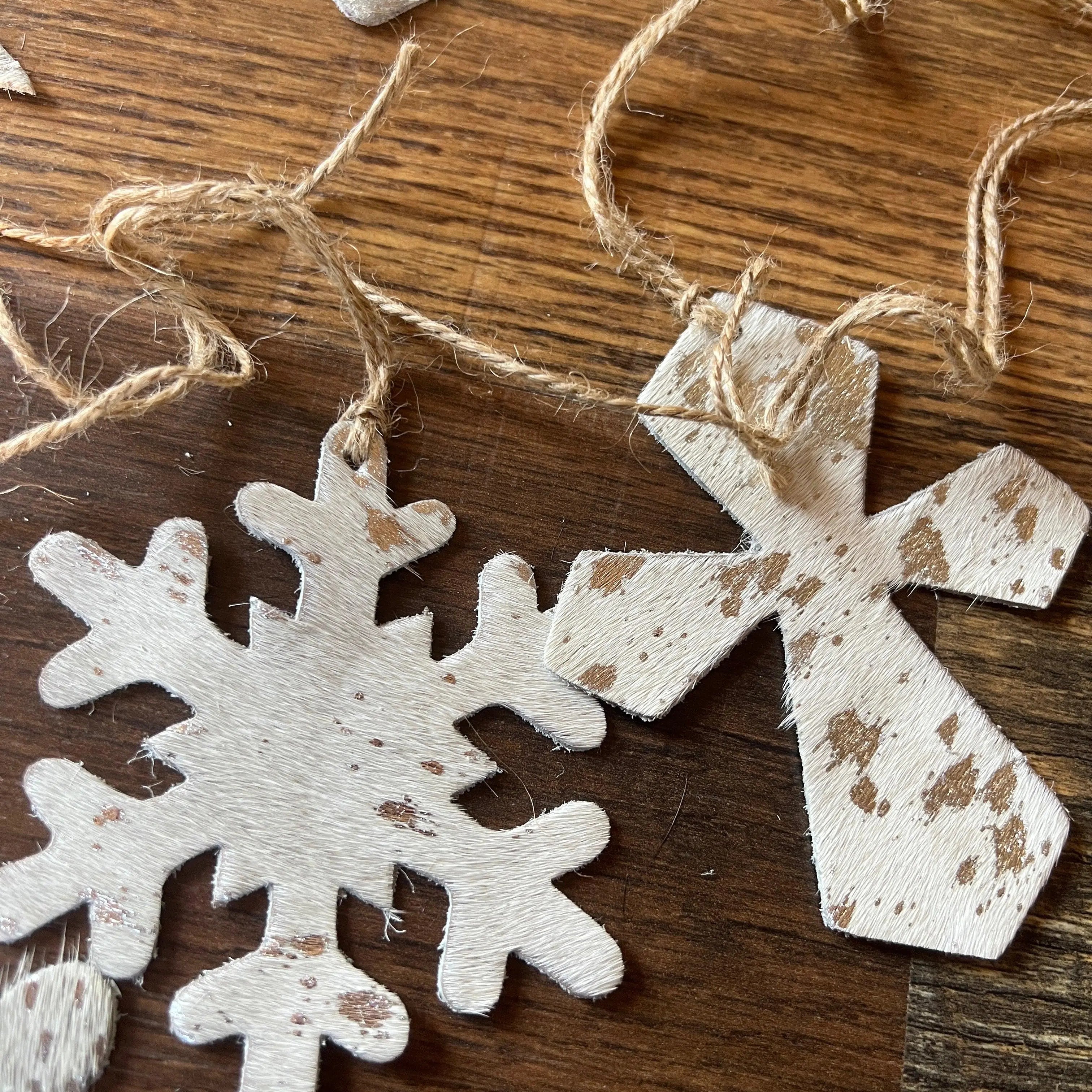 Silver/BROWN ACID WASH Leather Cowhide Christmas Ornament