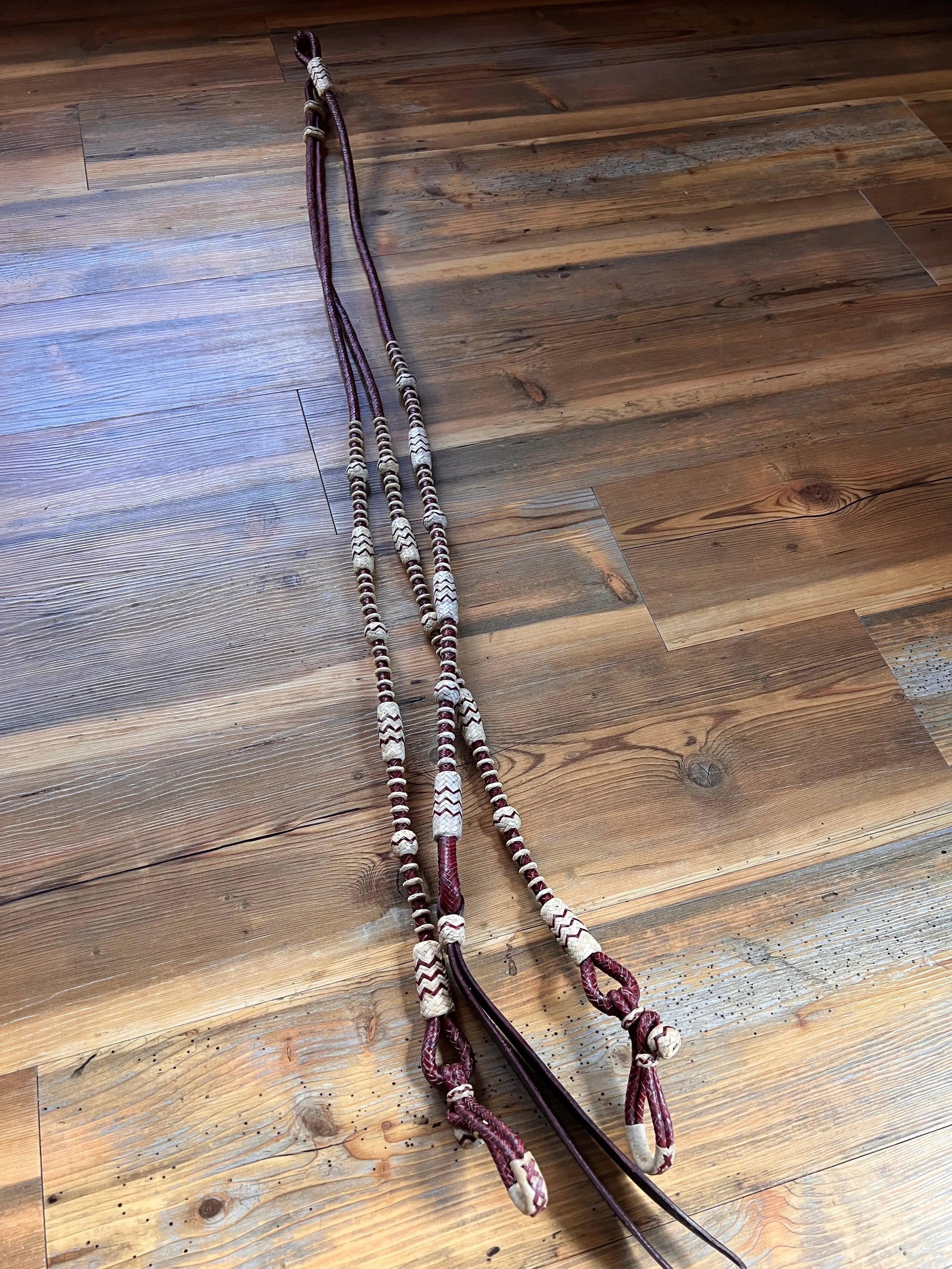 20 Plaits Romal Reins California Style, Romal Reins Chestnut Cherry Rawhide, 55" With Reins Connectors