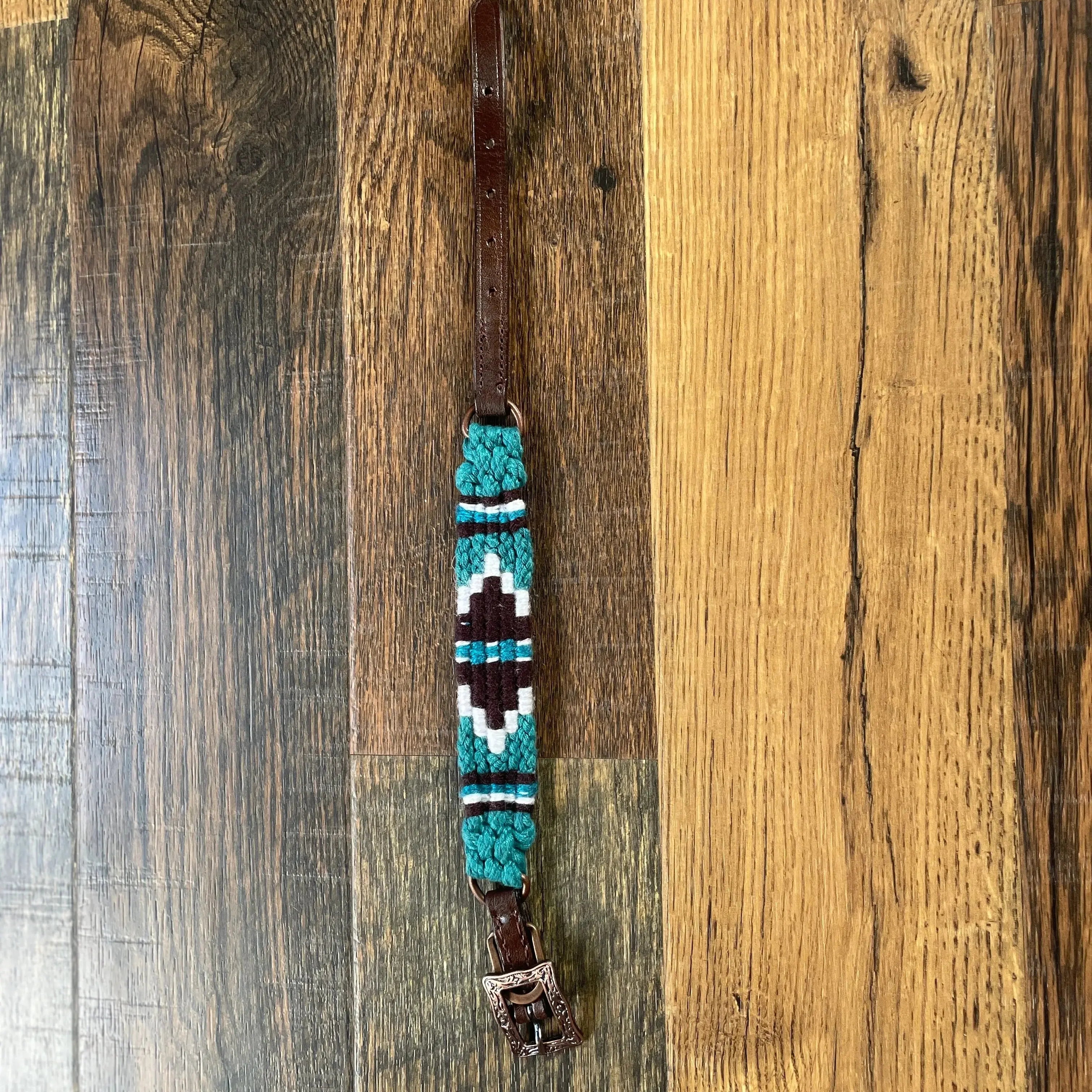 Corded Leather Dog Collar - Teal/White Dog