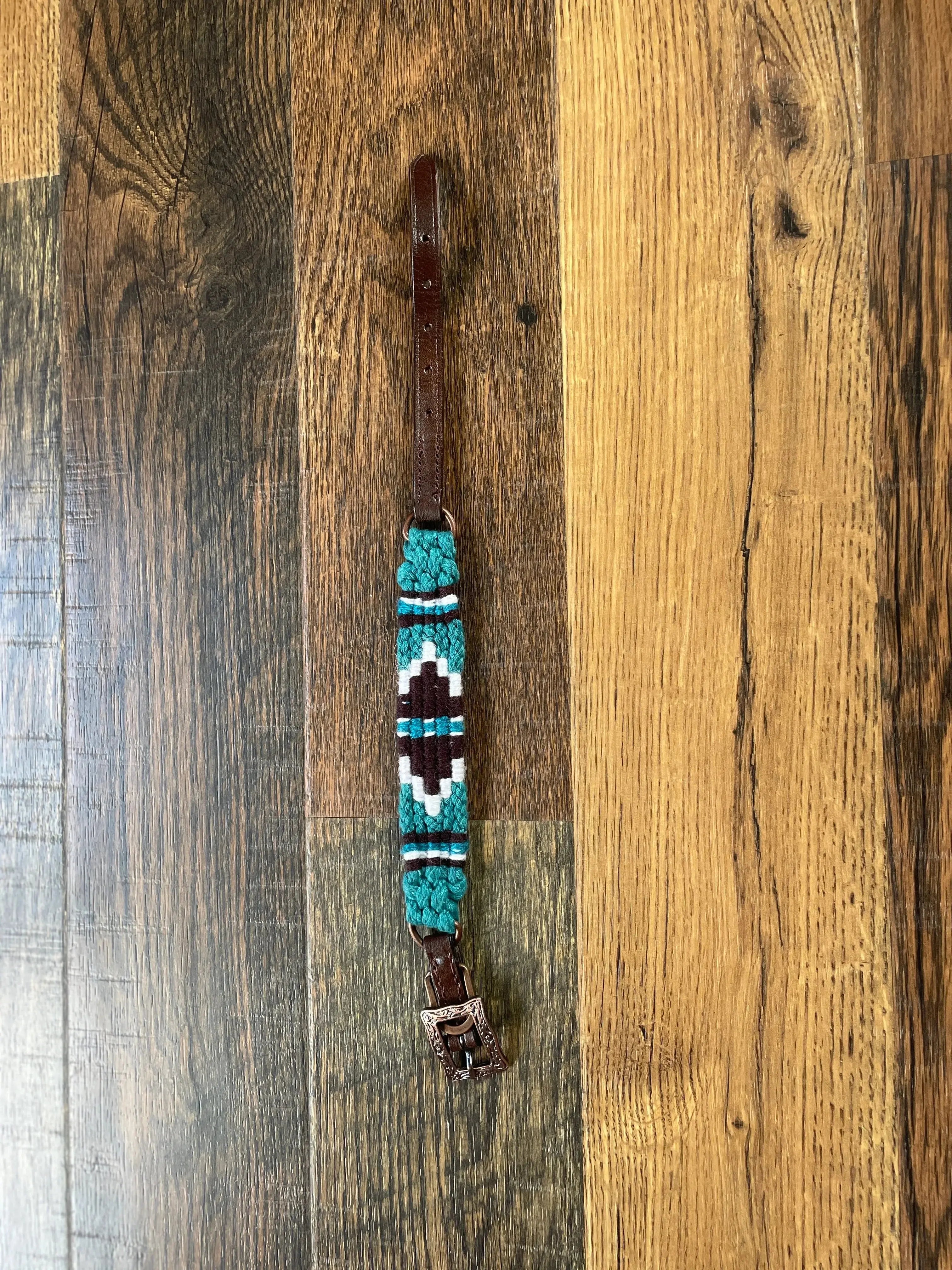 Corded Leather Dog Collar - Teal/White Dog