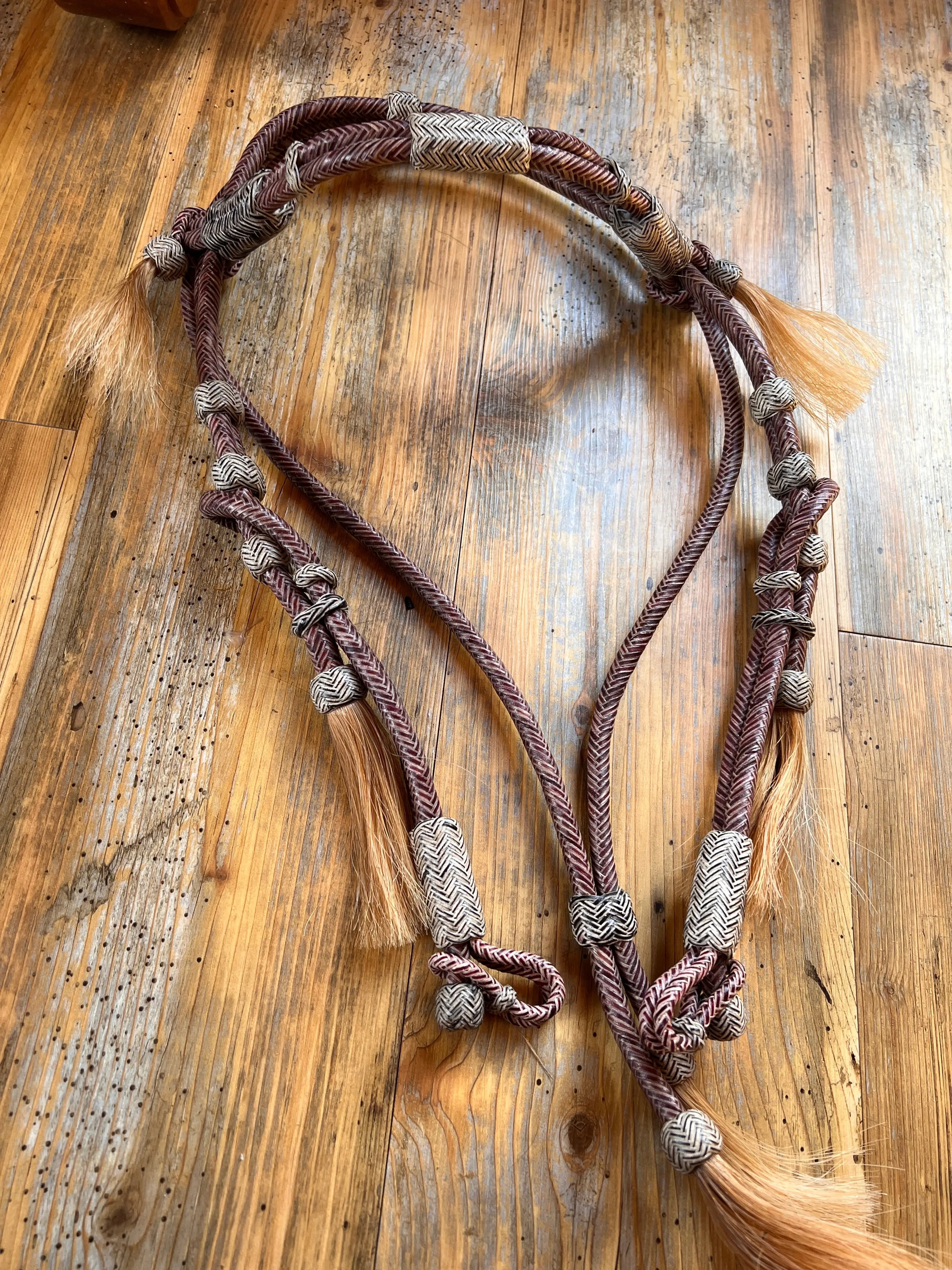 Handcrafted Headstall, Chestnut Rawhide and Black Knotted Headstall, 16 Plaits Headstall, Mane Horse Hair Tassels Headstall.