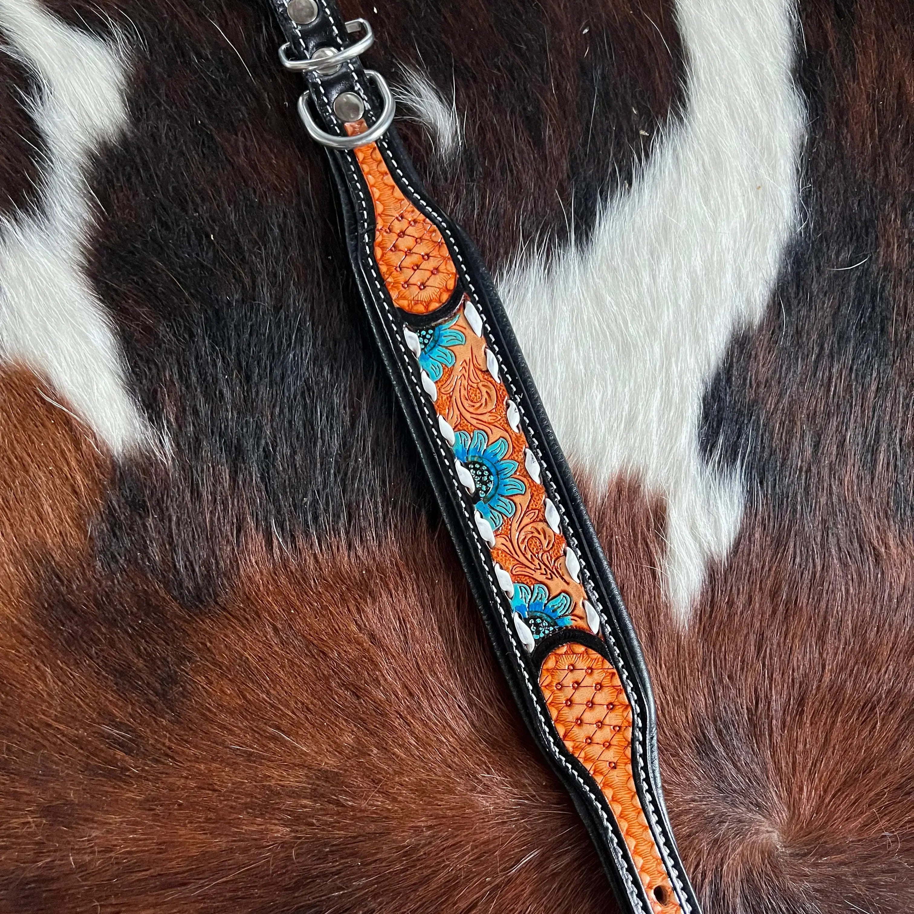 Handcrafted Padded Leather Tooled Dog Collar Blue Sunflower Dog