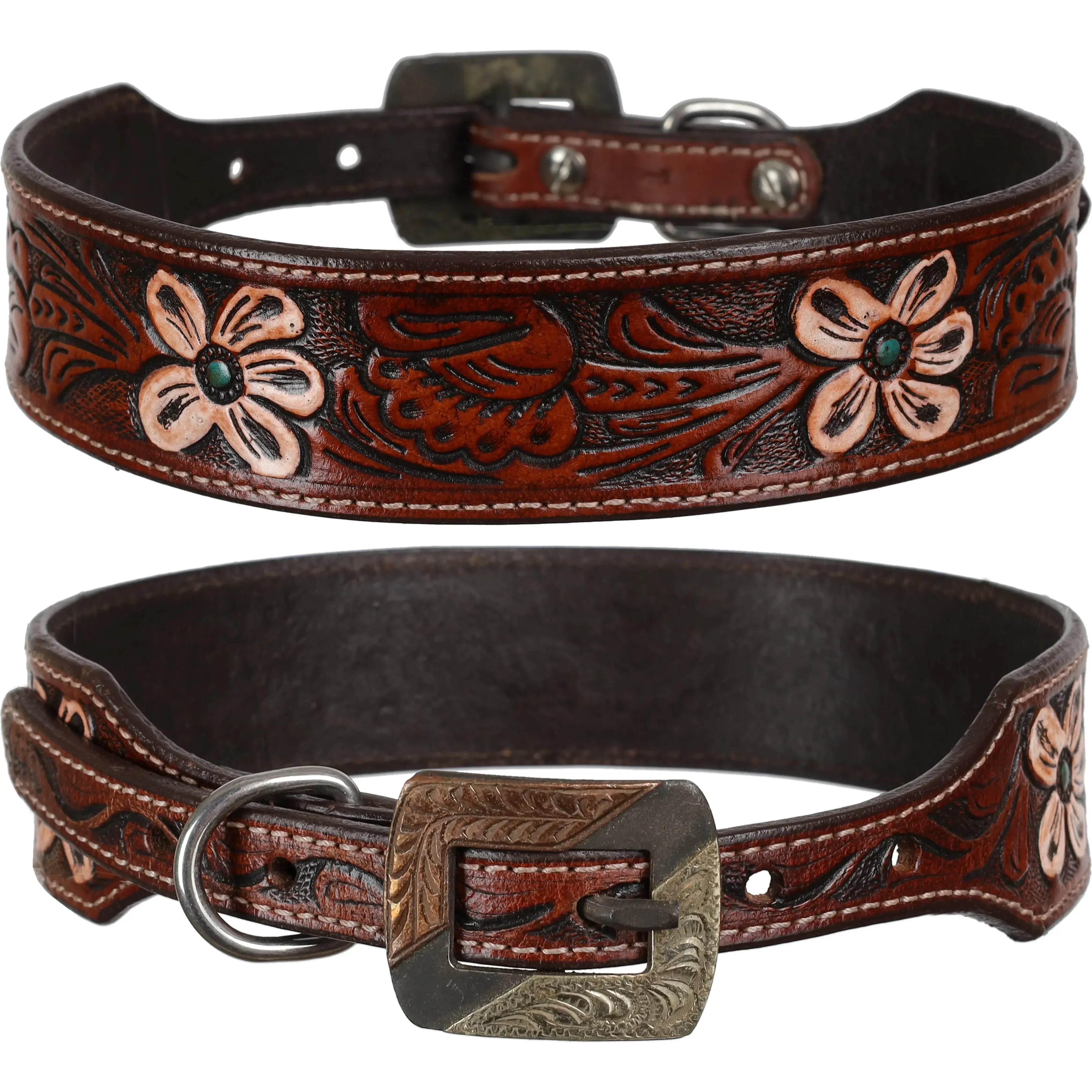 Painted Poppy Leather Dog Collar Dog