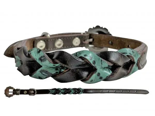 Teal and Dark oil braided leather dog collar Dog