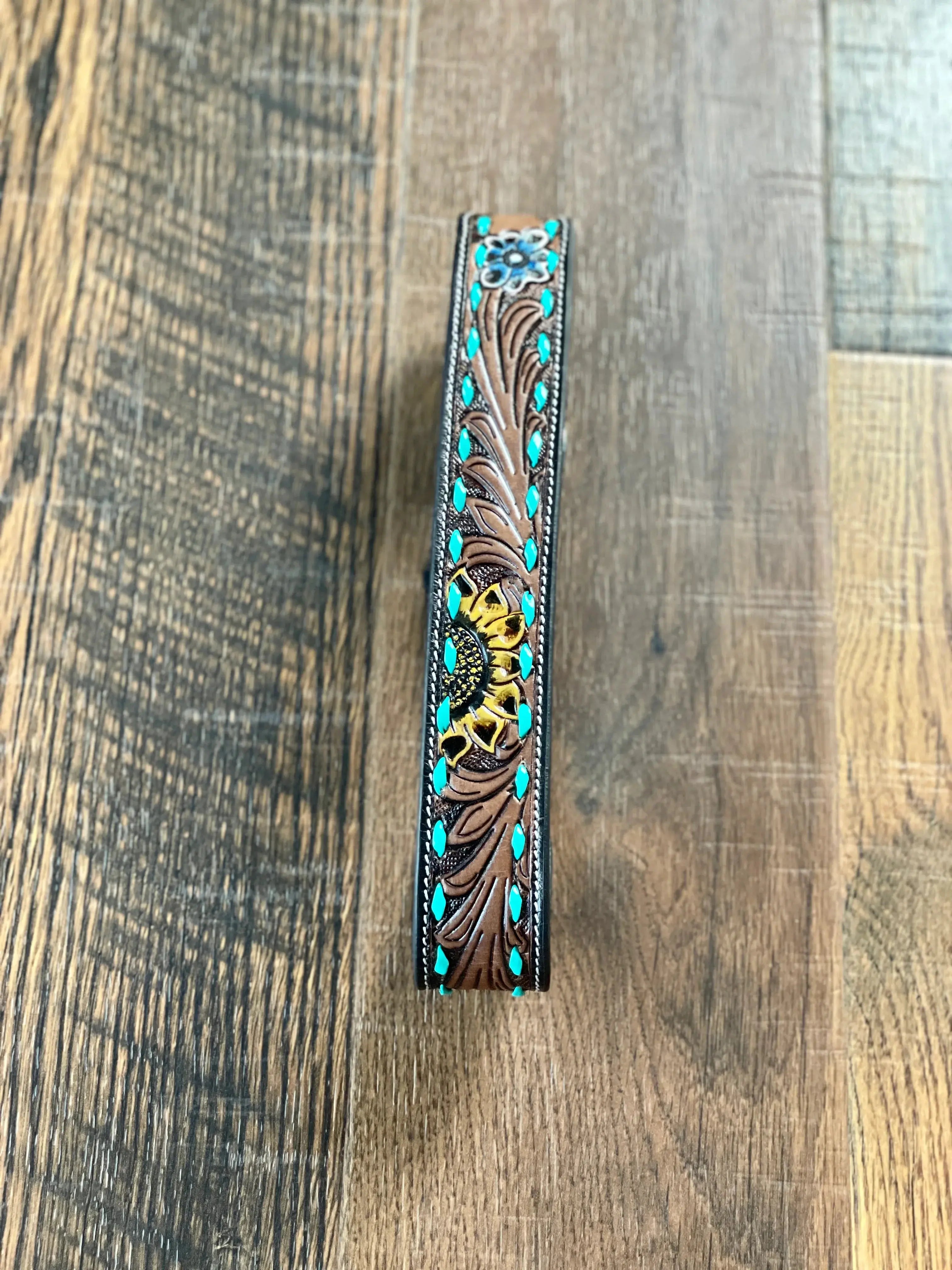 SCENIC SUNFLOWER HAND-TOOLED PADDED LEATHER DOG COLLAR Dog