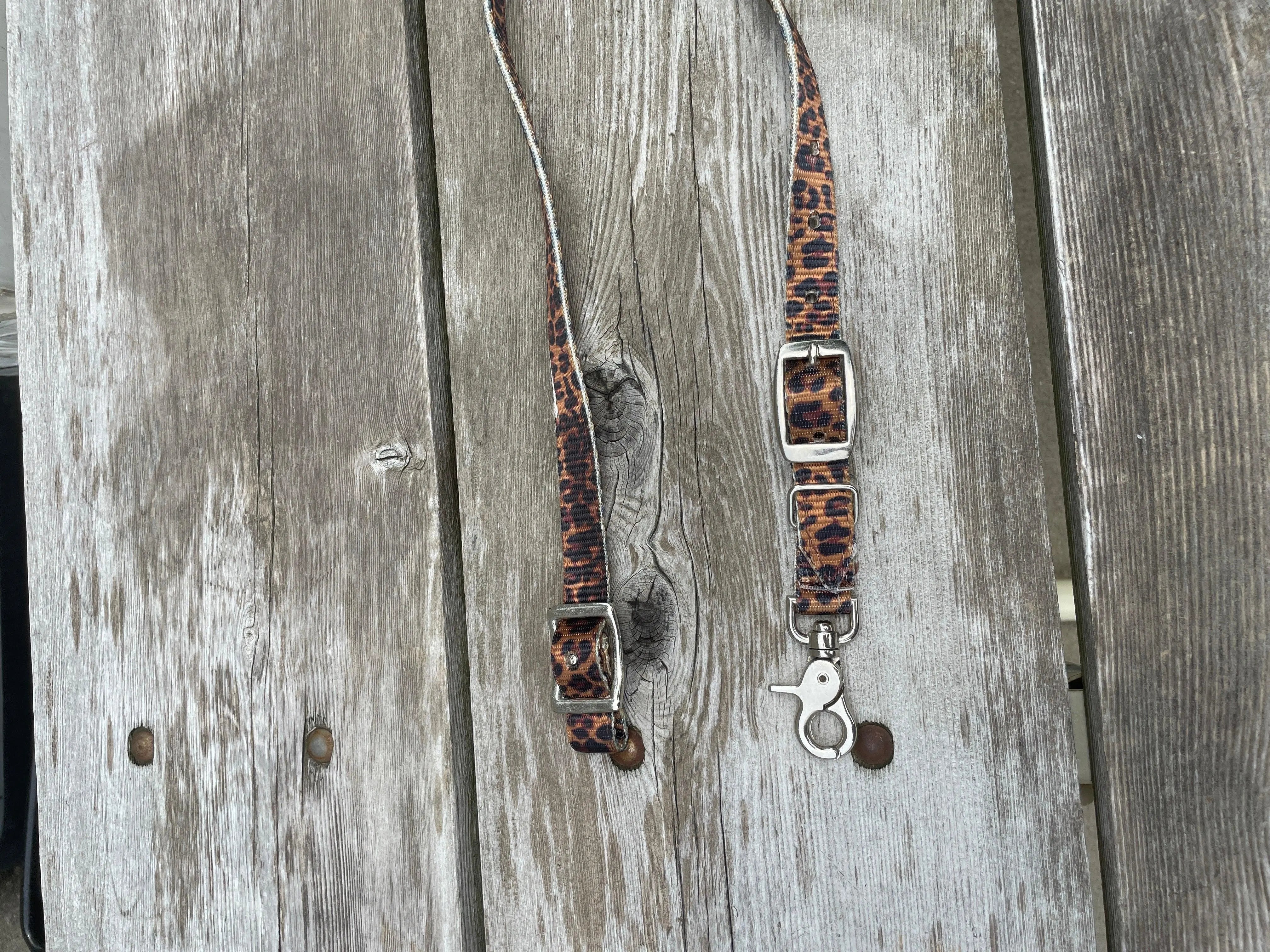 Premium nylon cheetah print dog leash with silver buckle and metal clasp