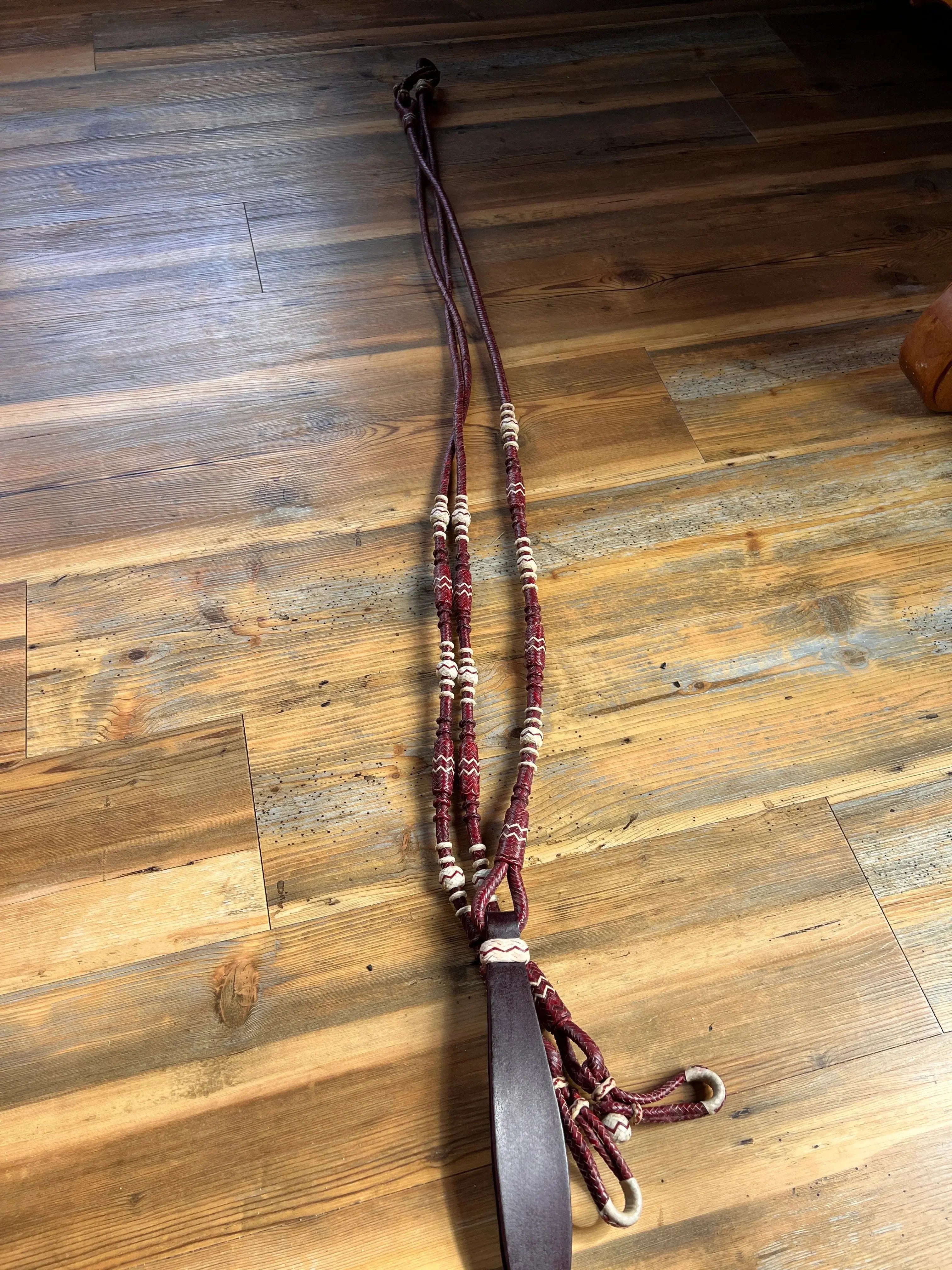 Hand Braided Romal Reins, 20 Plaits Romal Reins, Romal Reins Cherry Red Cow Rawhide.