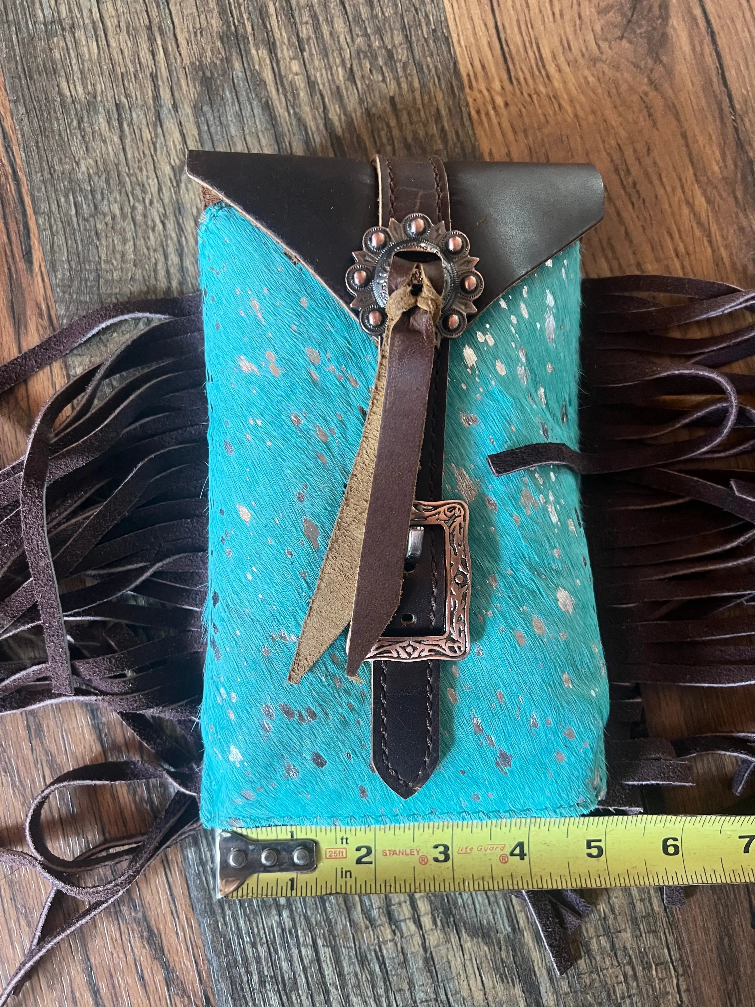 Acid wash teal hair-on cowhide saddle bag rear cinch back view