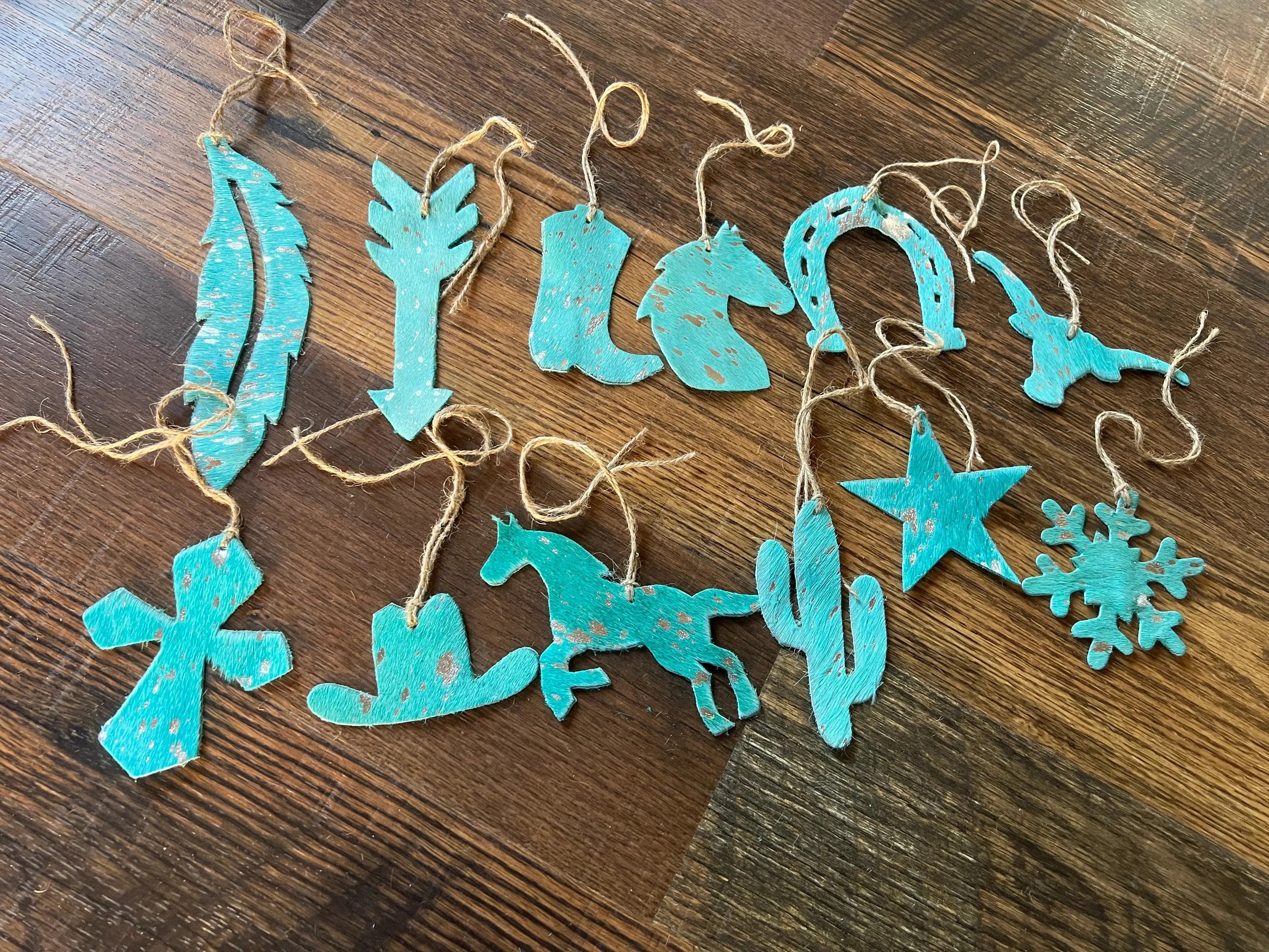 Teal Leather Cowhide Christmas Ornament - Sold Individually