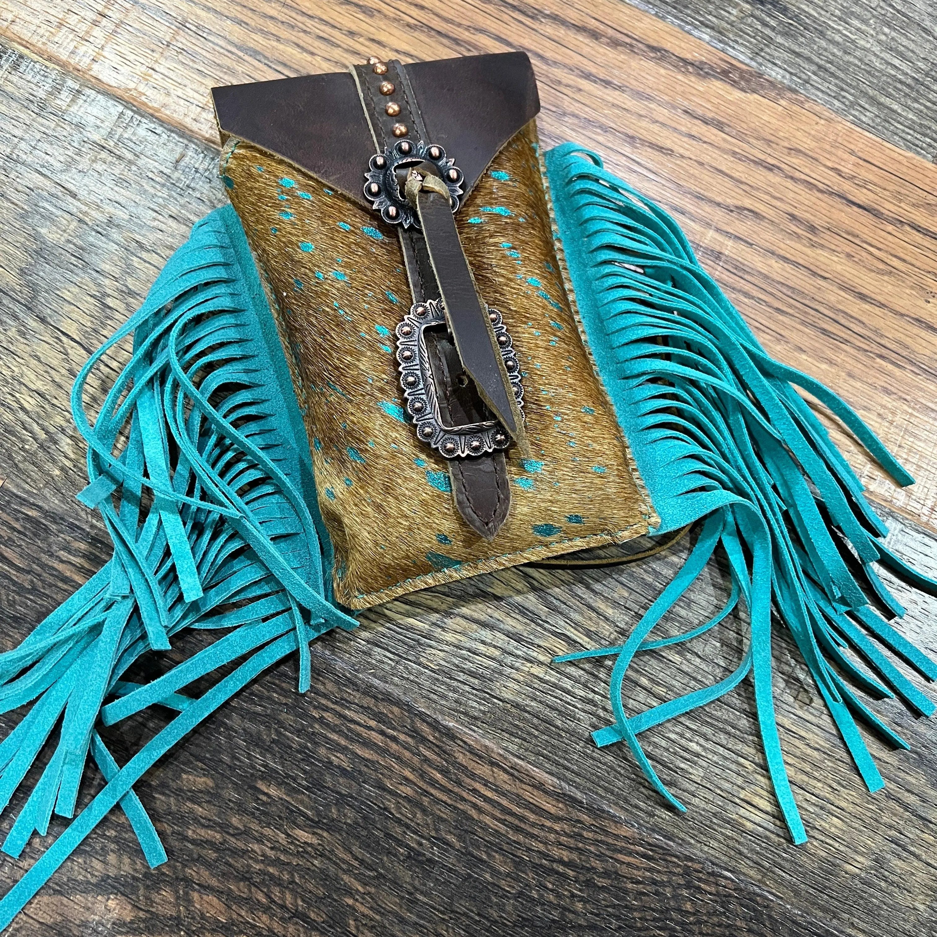 Teal Acid Wash Cowhide Rear Cinch Bag