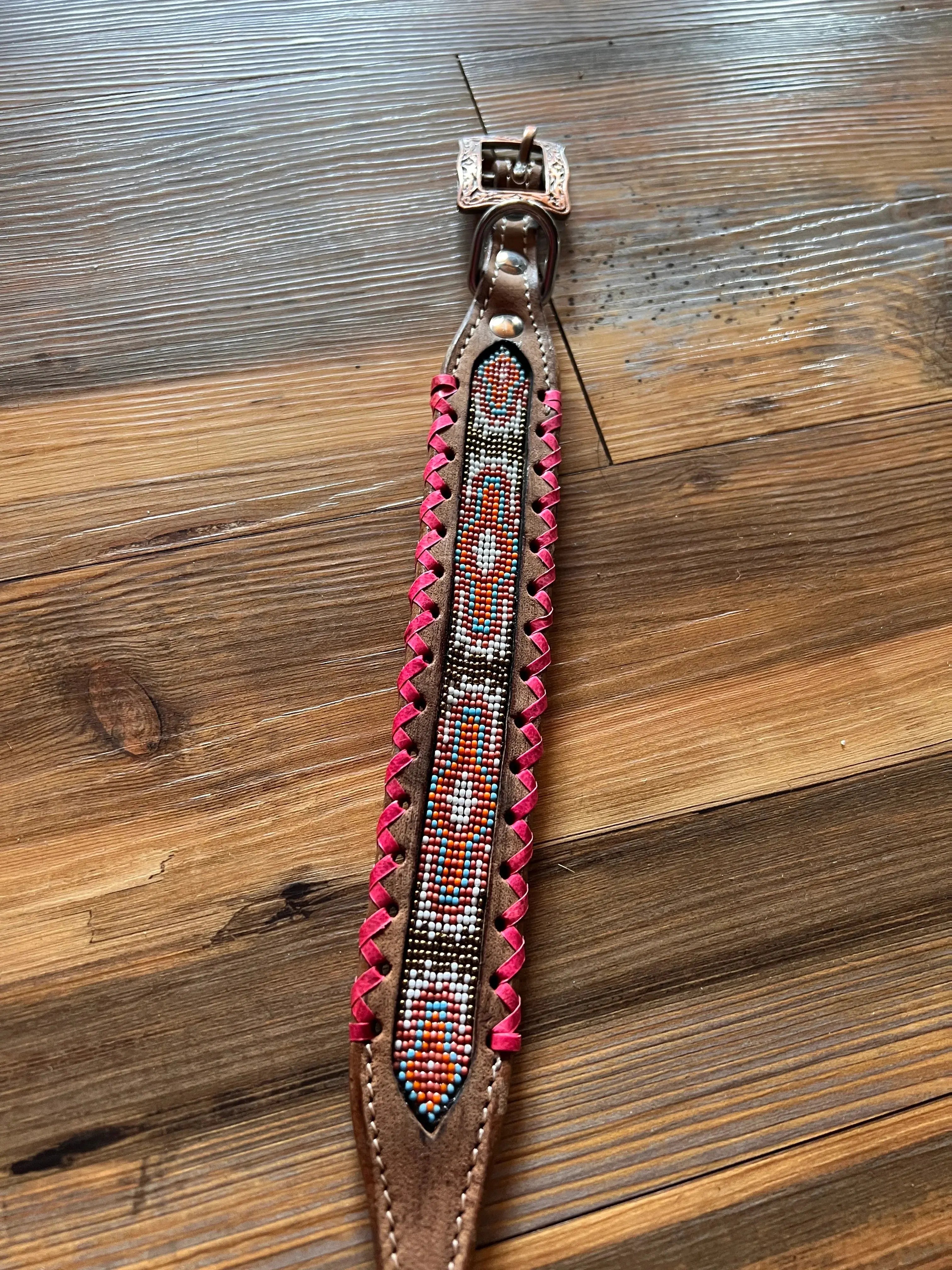 Genuine leather dog collar with pink beaded inlay and silver buckle
