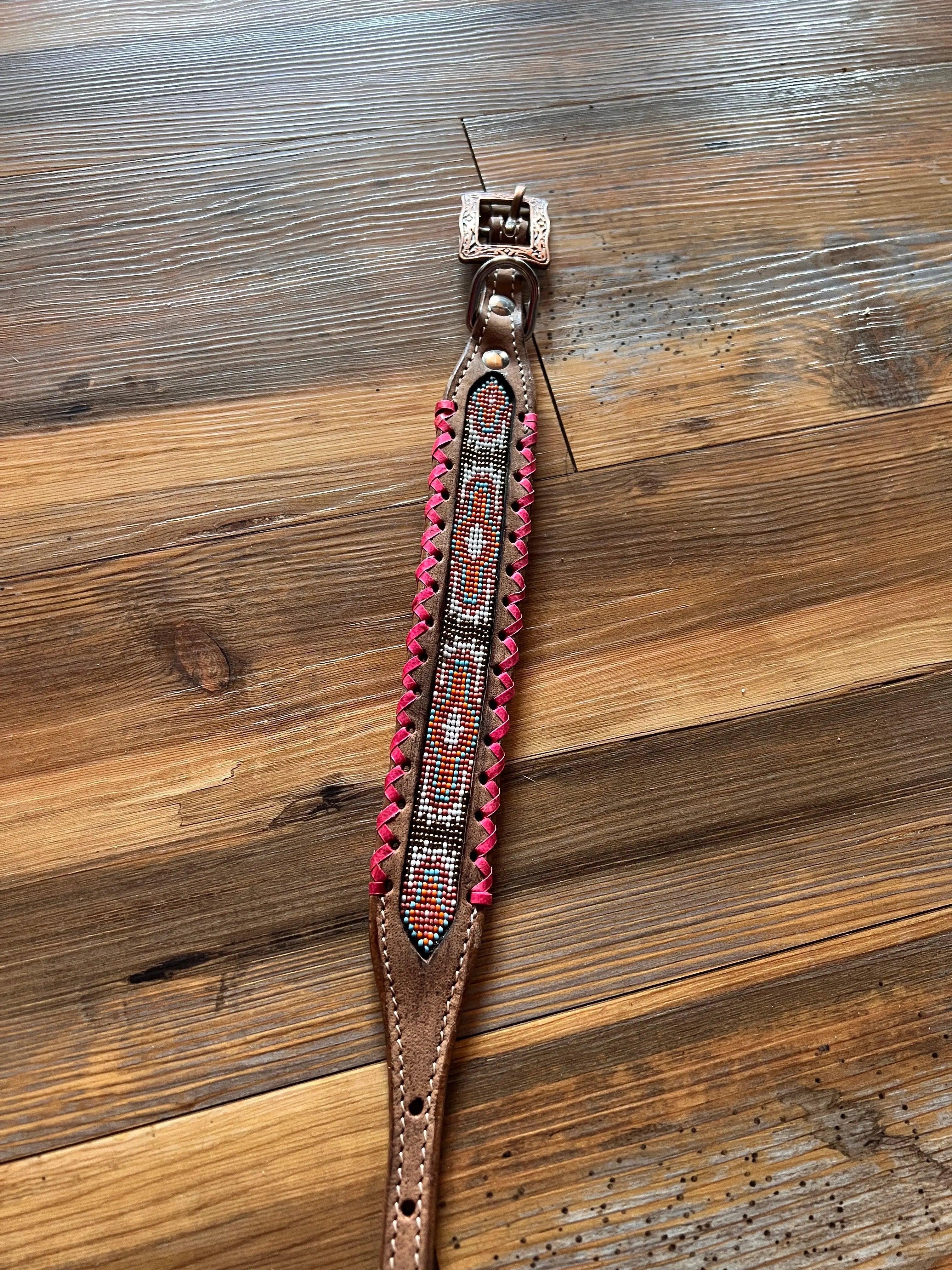 Genuine leather dog collar with pink, white, gold Navajo beaded inlay