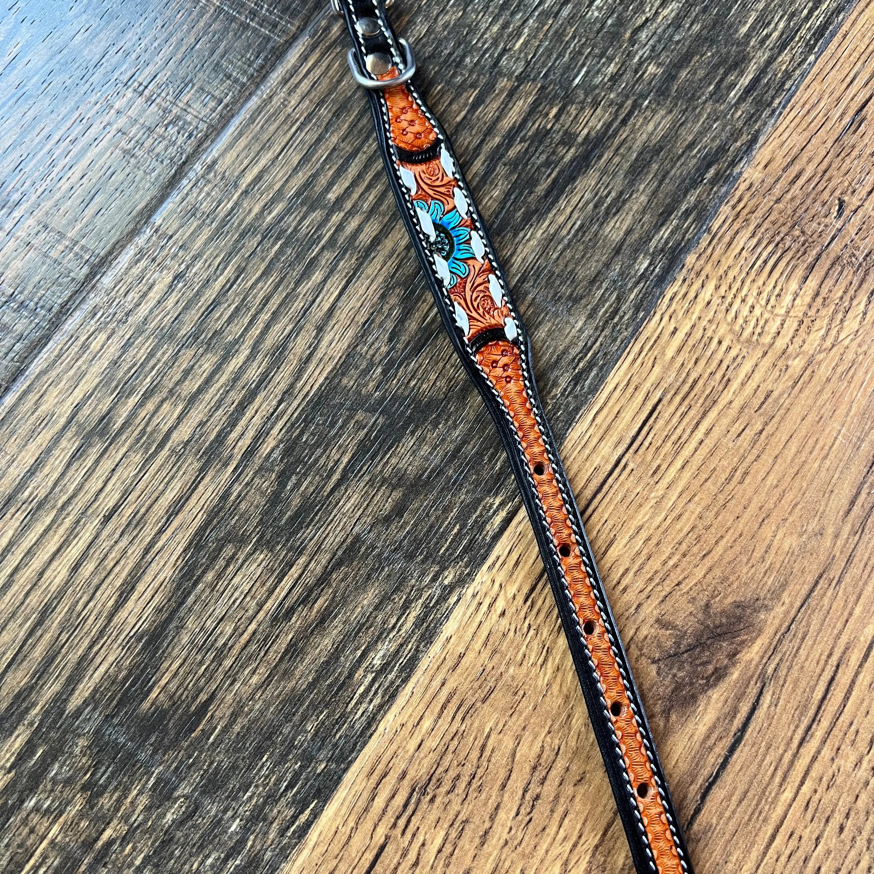Handcrafted Padded Leather Tooled Dog Collar Blue Sunflower Dog