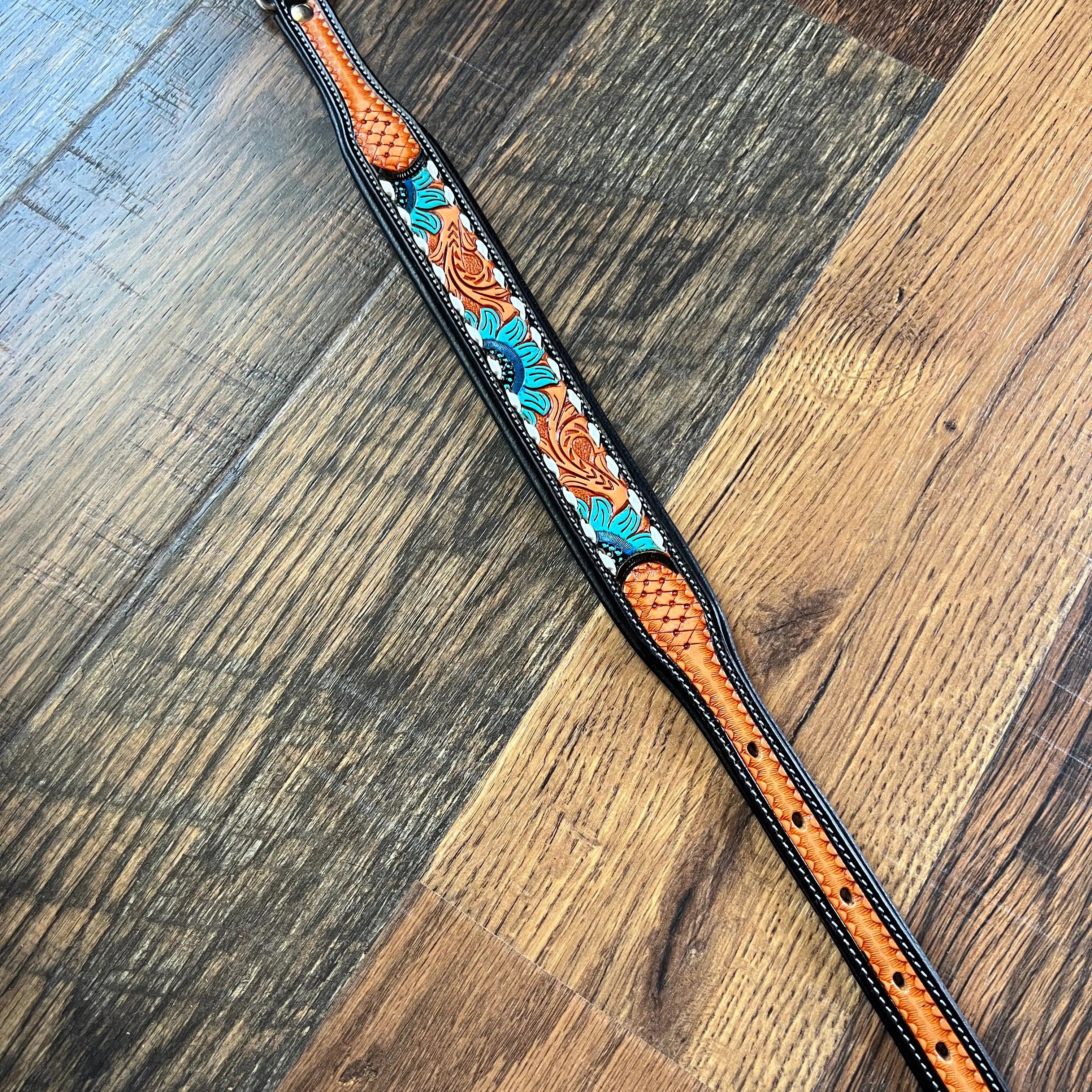 Handcrafted Padded Leather Tooled Dog Collar Blue Sunflower Dog