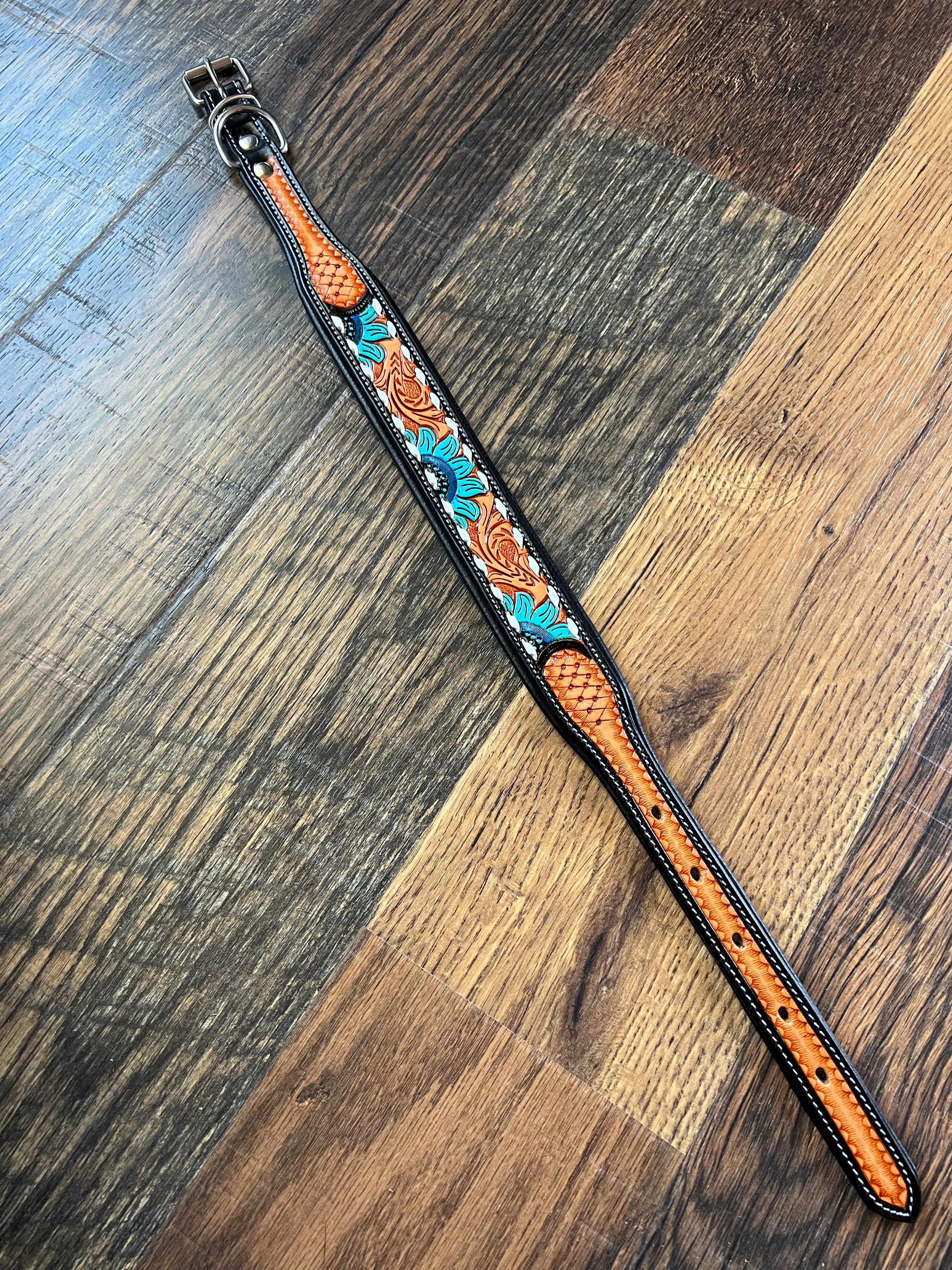 Handcrafted Padded Leather Tooled Dog Collar Blue Sunflower Dog