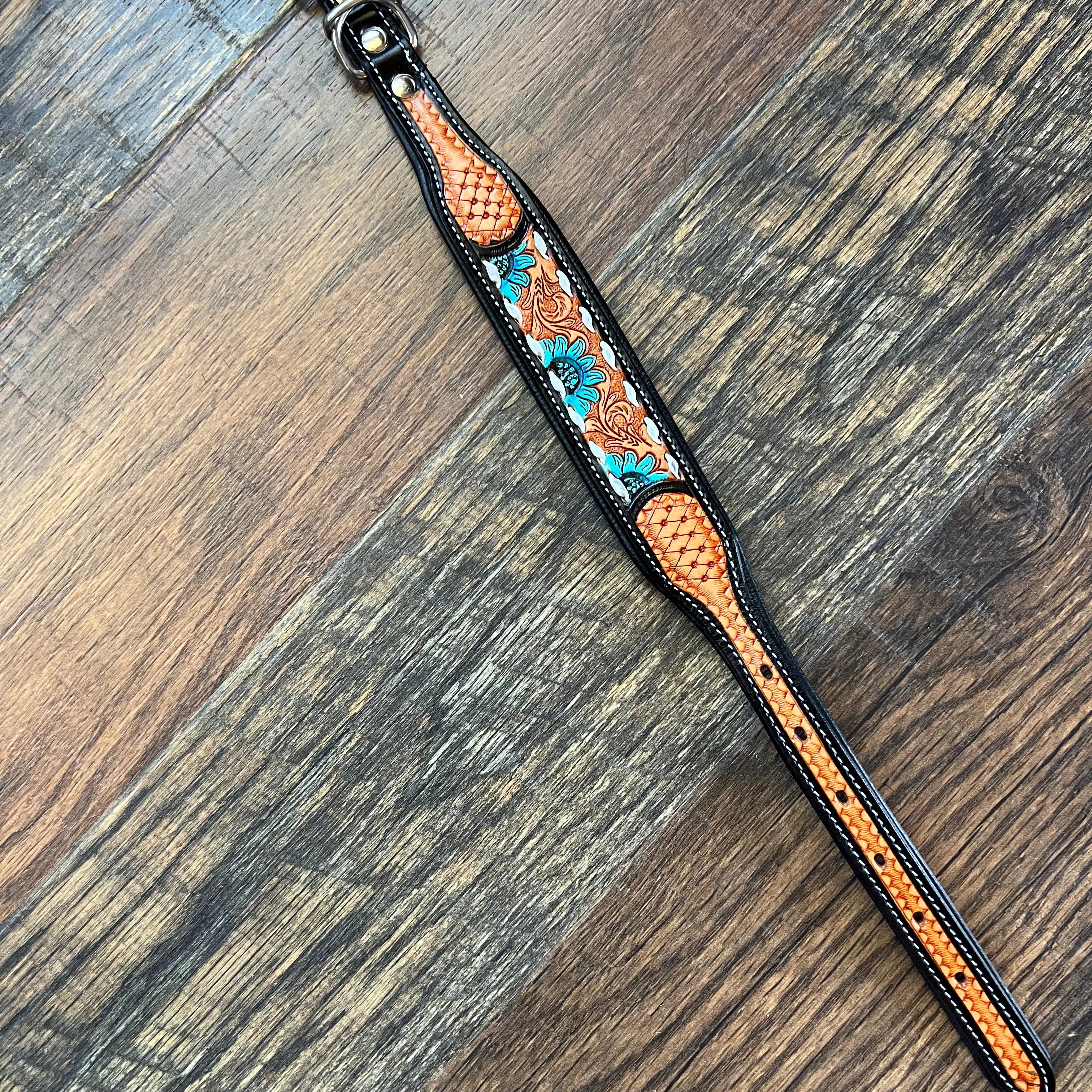Handcrafted Padded Leather Tooled Dog Collar Blue Sunflower Dog