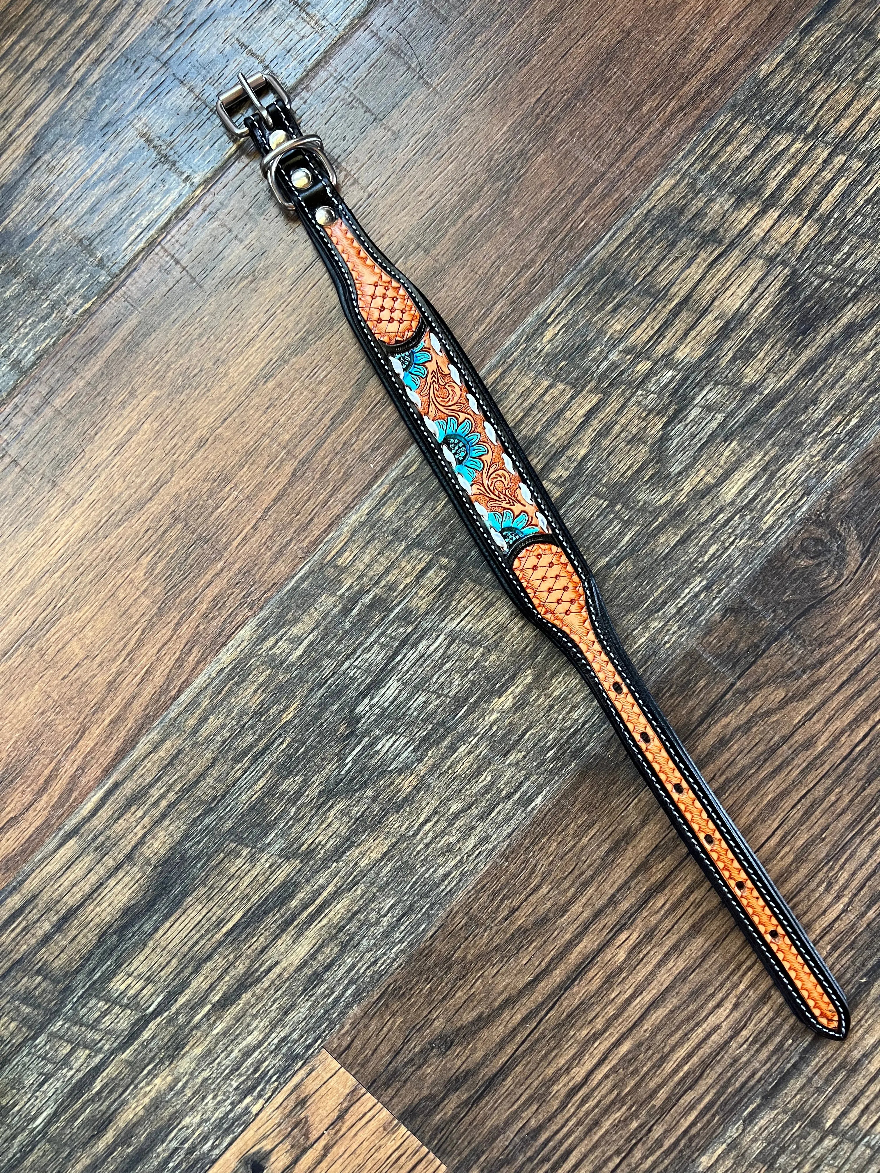 Handcrafted Padded Leather Tooled Dog Collar Blue Sunflower Dog