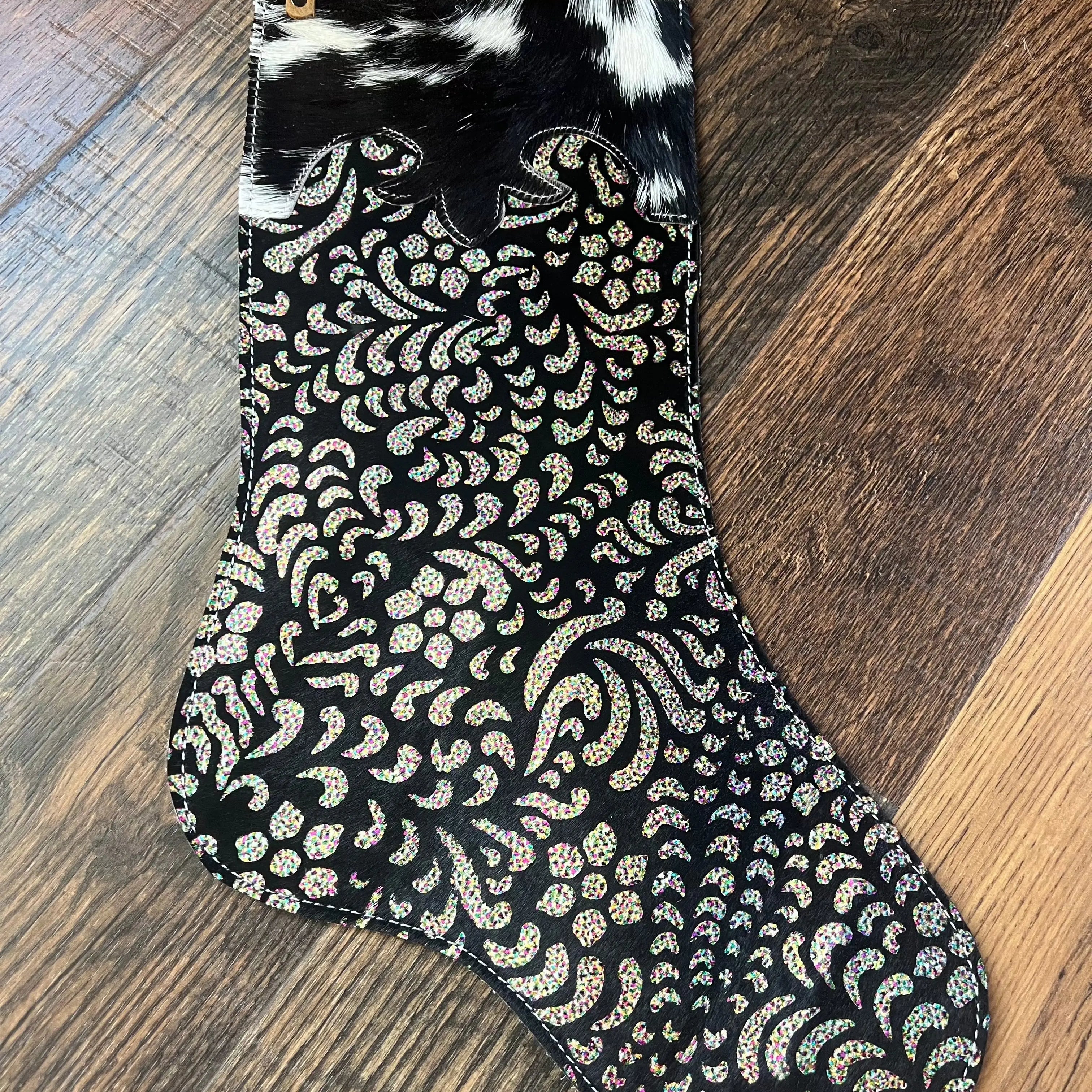 Rainbow Metallic Glitter Cowhide Christmas Stocking