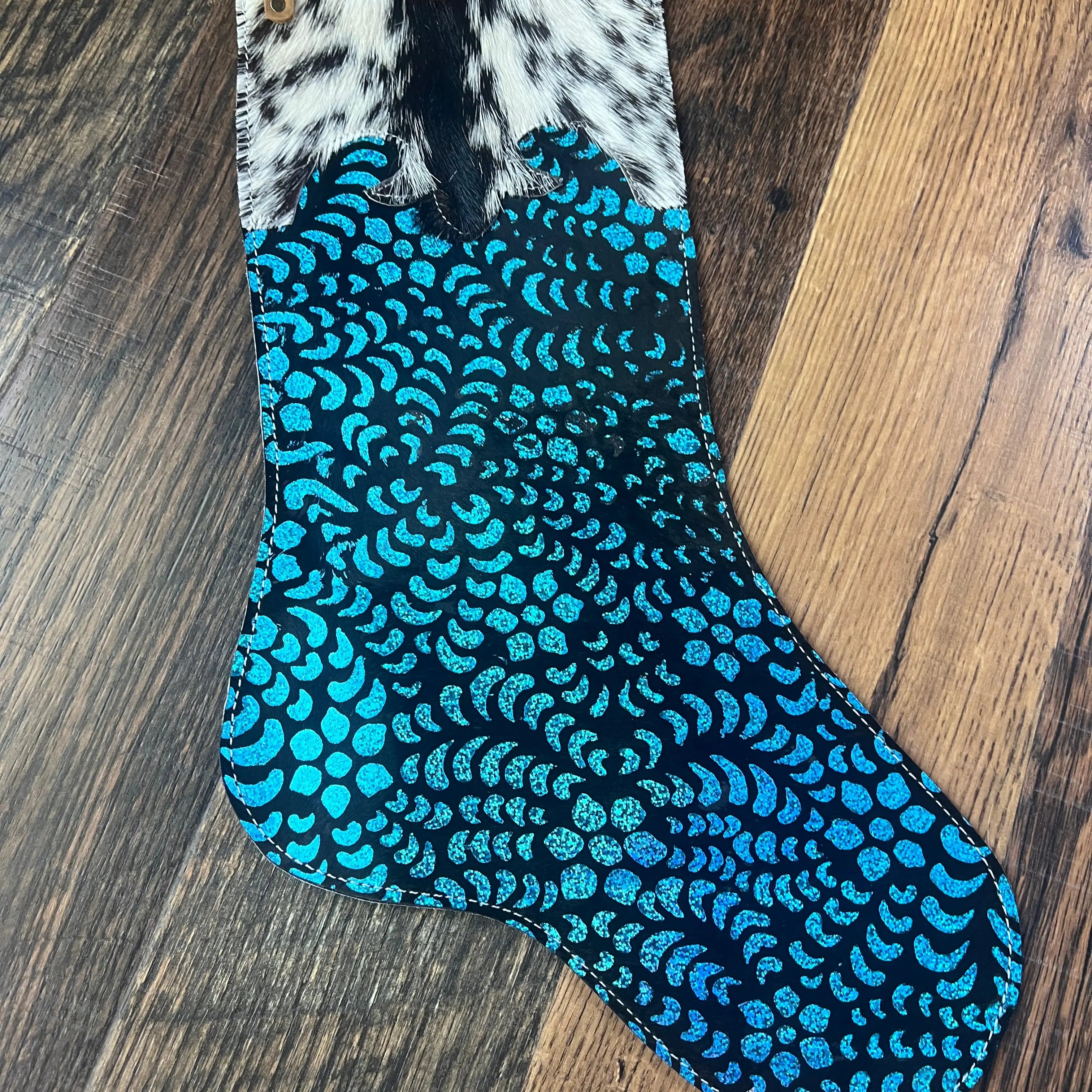 Blue Metallic Glitter Cowhide Christmas Stocking
