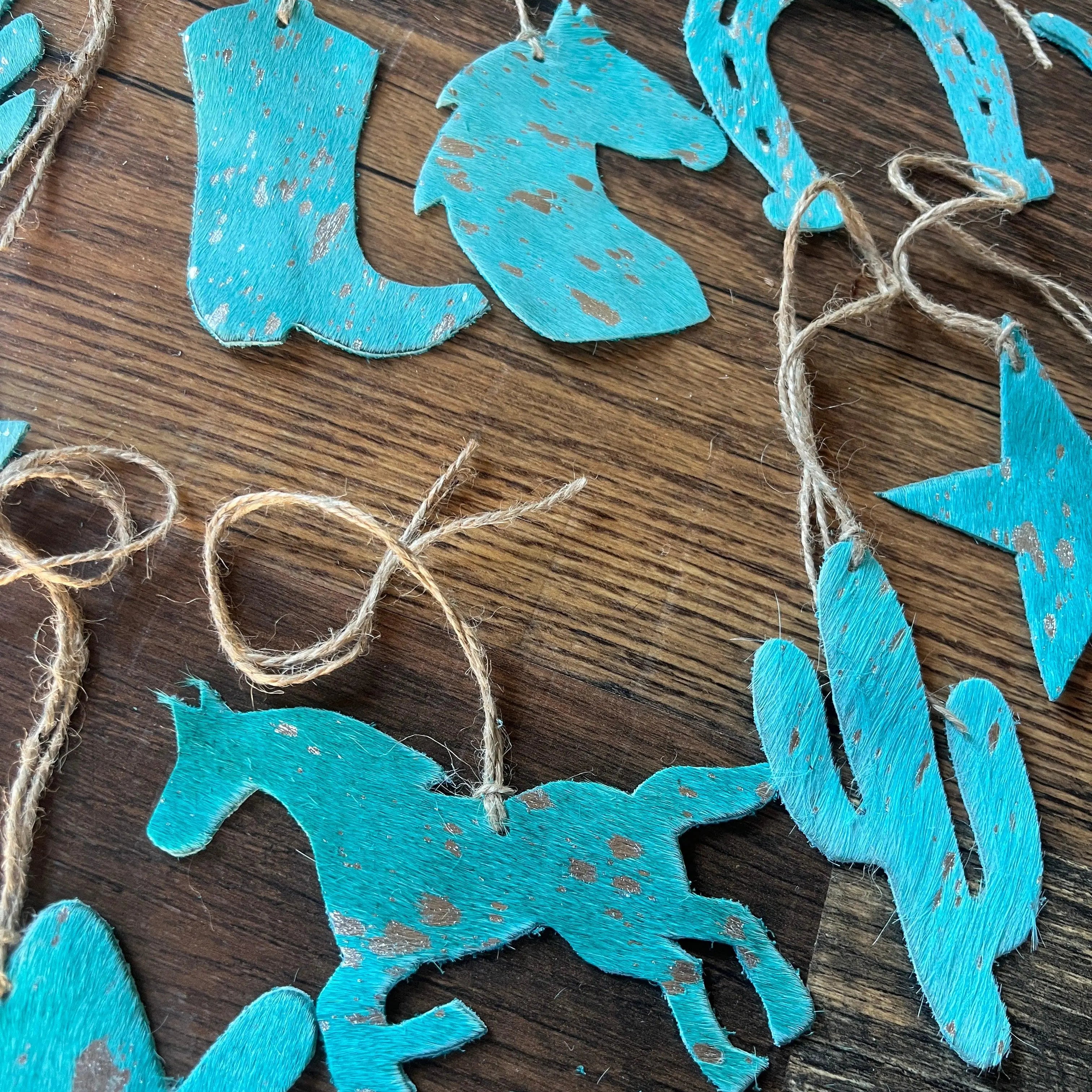 Teal Leather Cowhide Christmas Ornament - Sold Individually