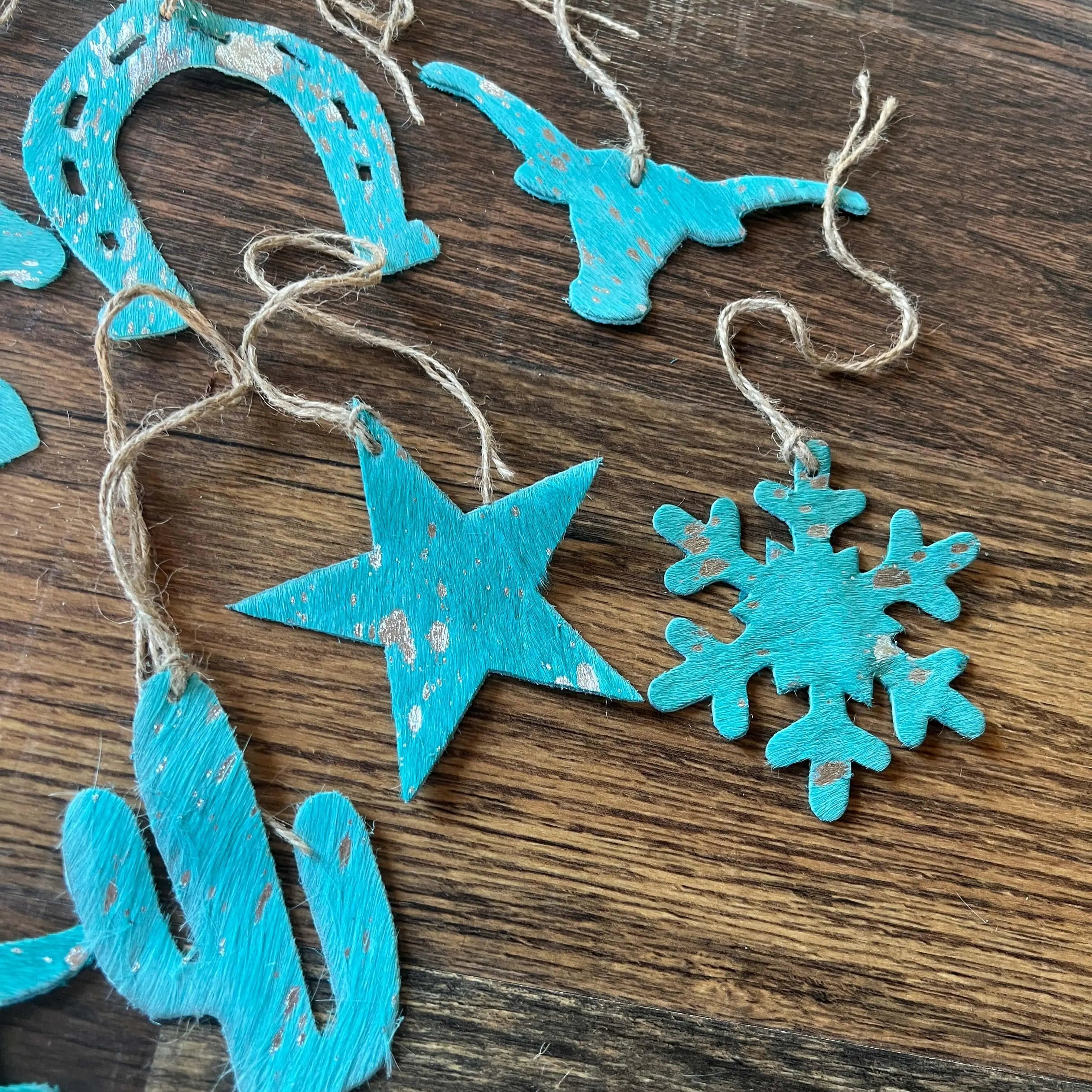 Teal Leather Cowhide Christmas Ornament - Sold Individually