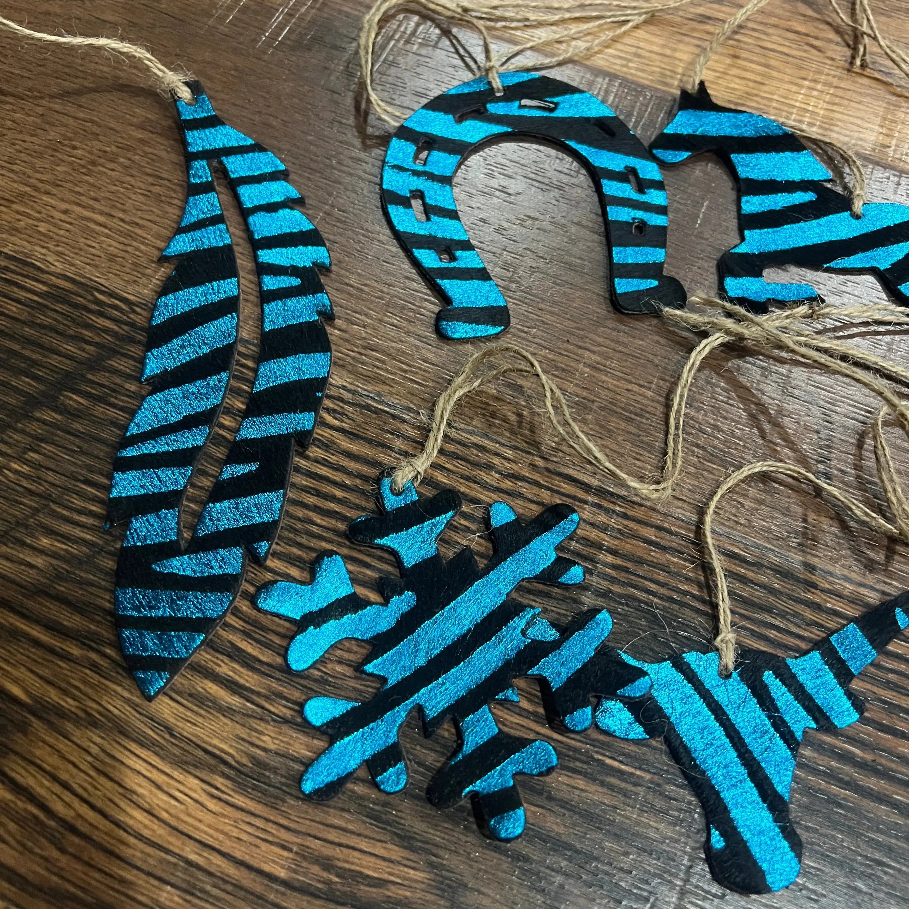 Blue Zebra Leather Cowhide Christmas Ornament - Sold Individually